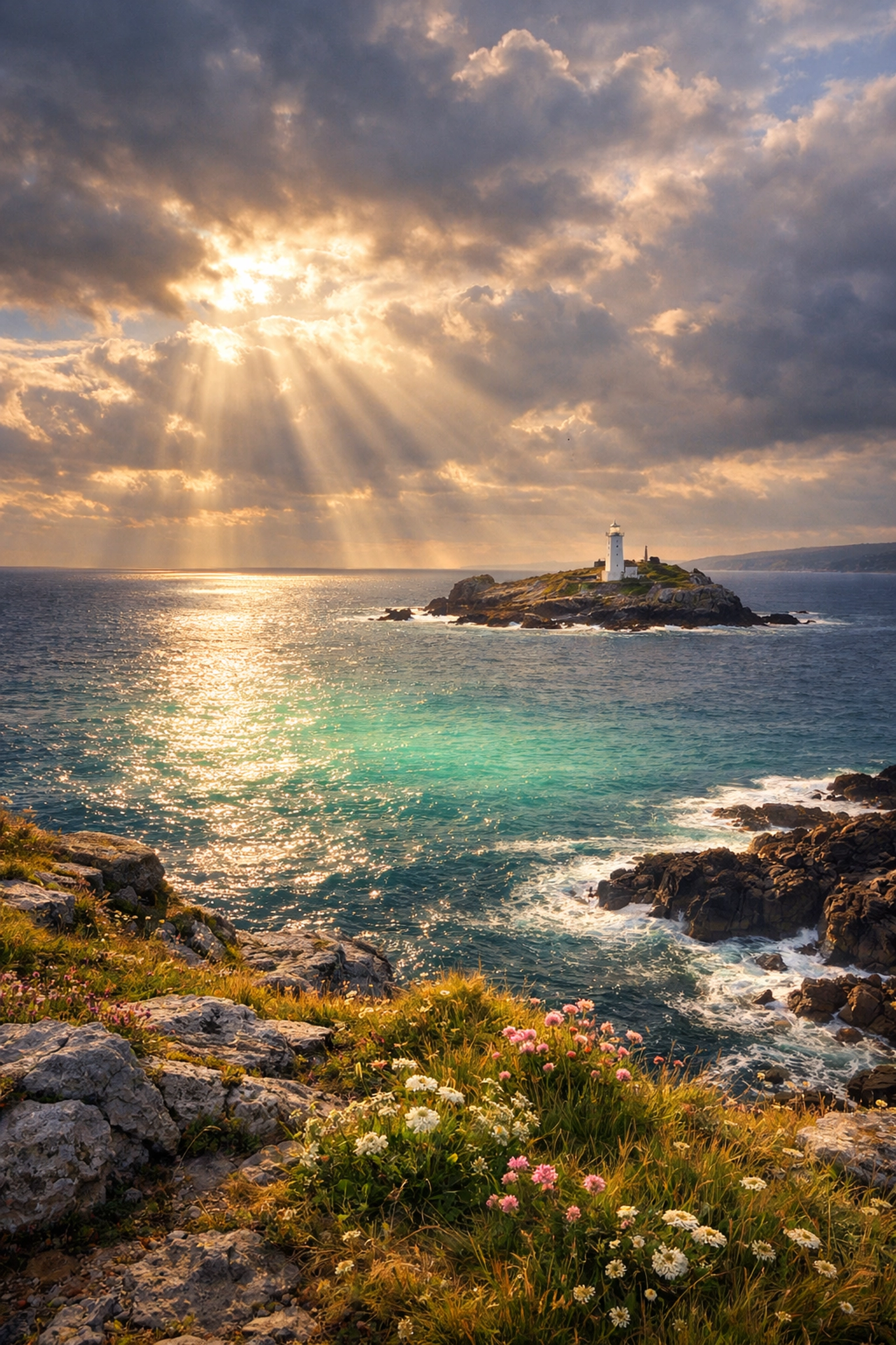 Serene view of Godrevy Lighthouse in St Ives bay, Cornwall, ideal for a peaceful ashes scattering ceremony.