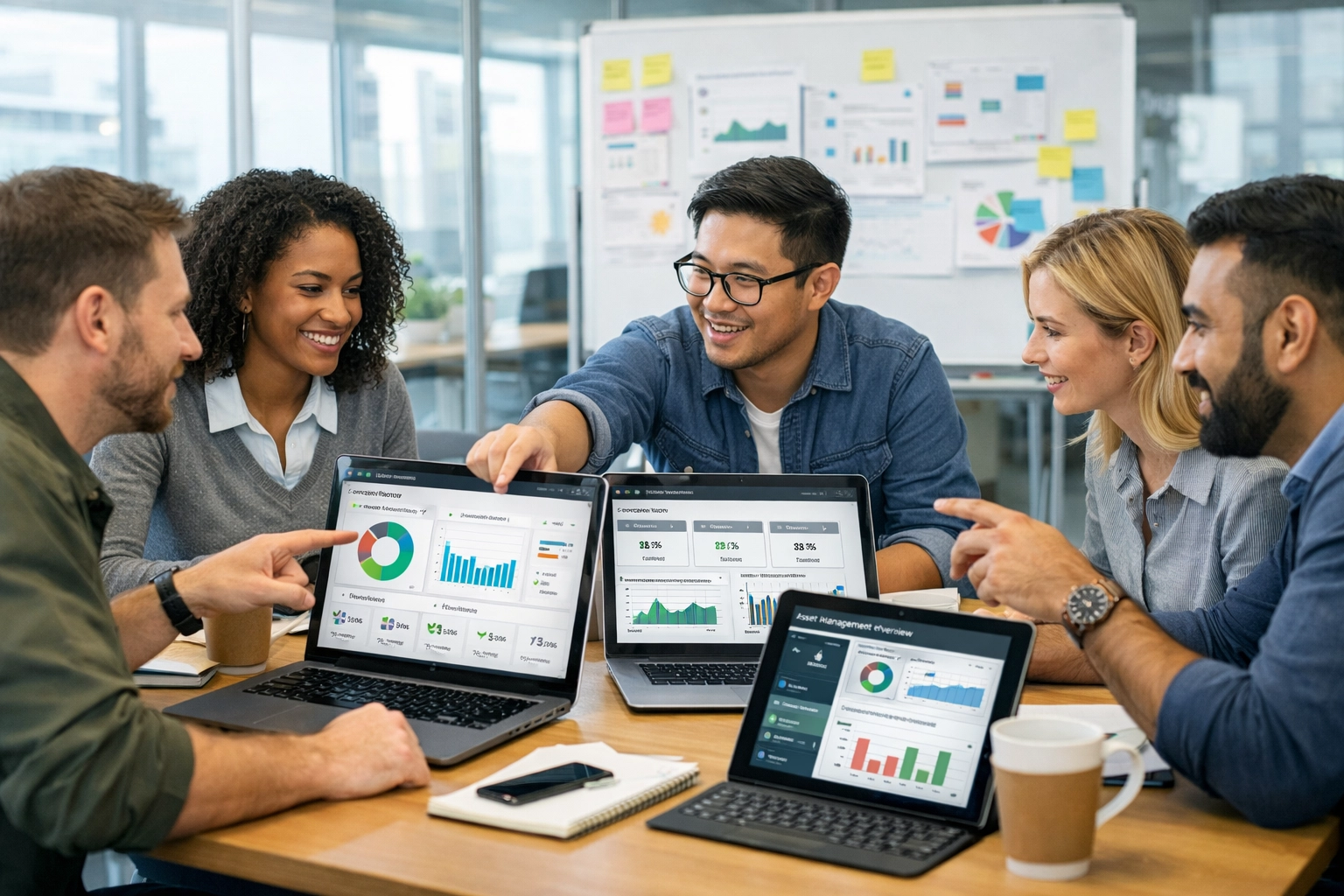 IT professionals collaborating on ServiceNow implementation strategy with performance dashboards and metrics