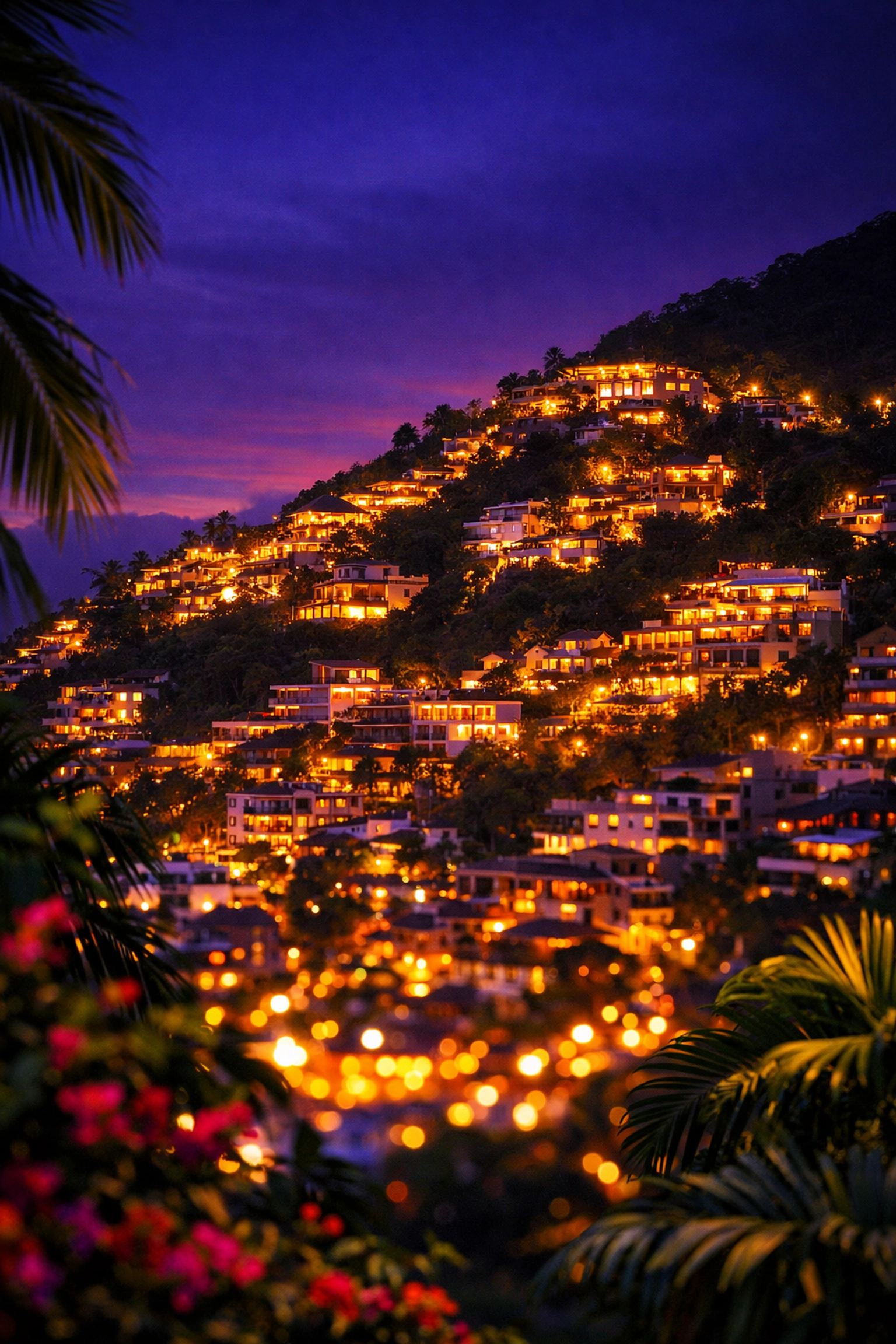 Amapas neighborhood illuminated at twilight with hillside villas and lights