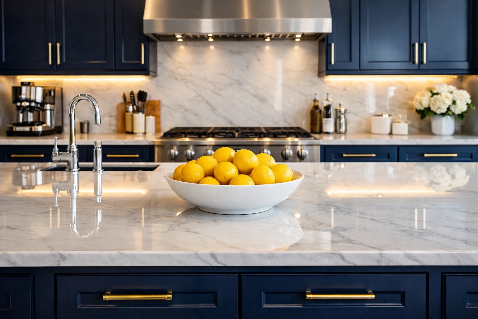 A perfectly sanitized luxury kitchen in Hadley with polished marble countertops and high-end cabinets.