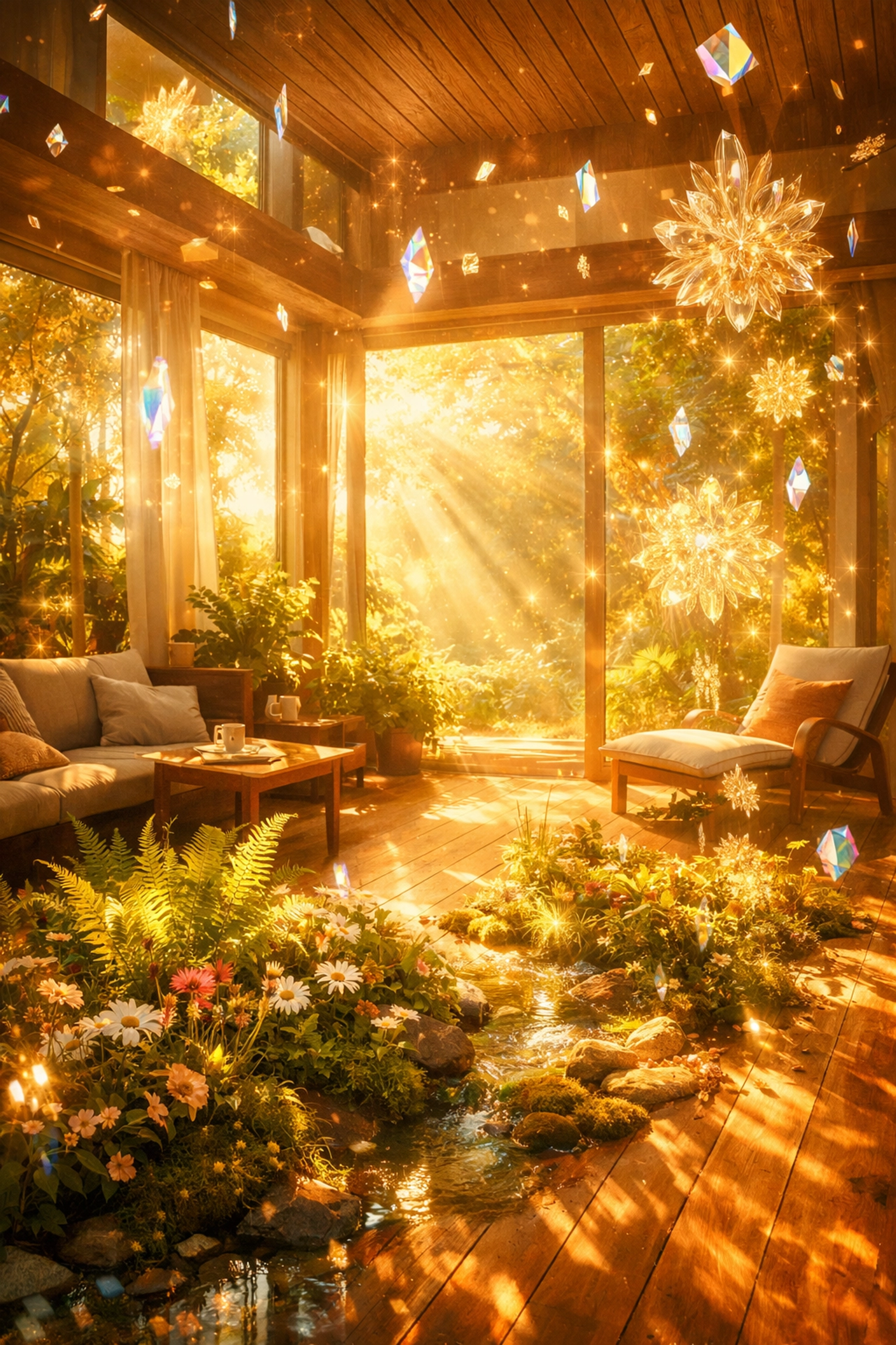 A sun-drenched home sanctuary symbolizing a peaceful family environment through parental self-regulation.