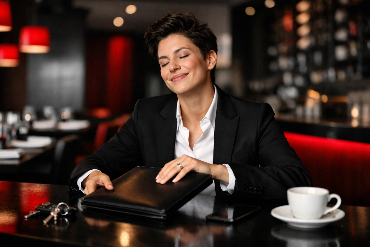 Relief and victory after a successful restaurant sale: confident owner in a premium high-contrast red/black/white/grey style