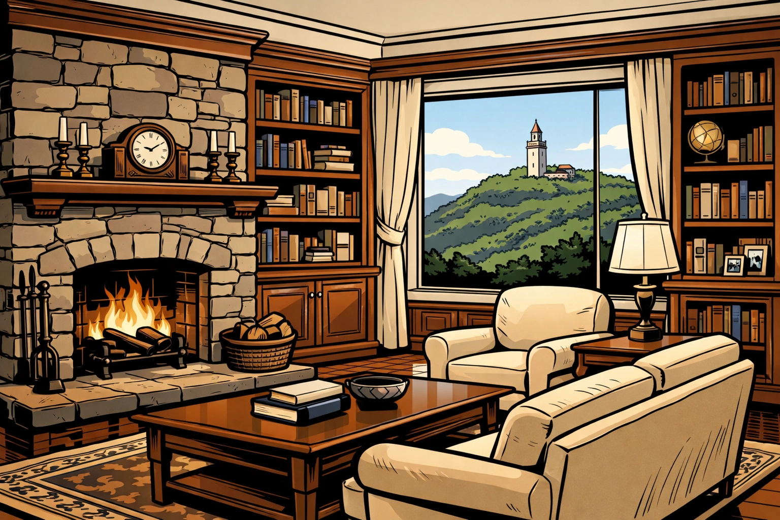 Elegant Simsbury home interior featuring a stone fireplace and views of Heublein Tower.