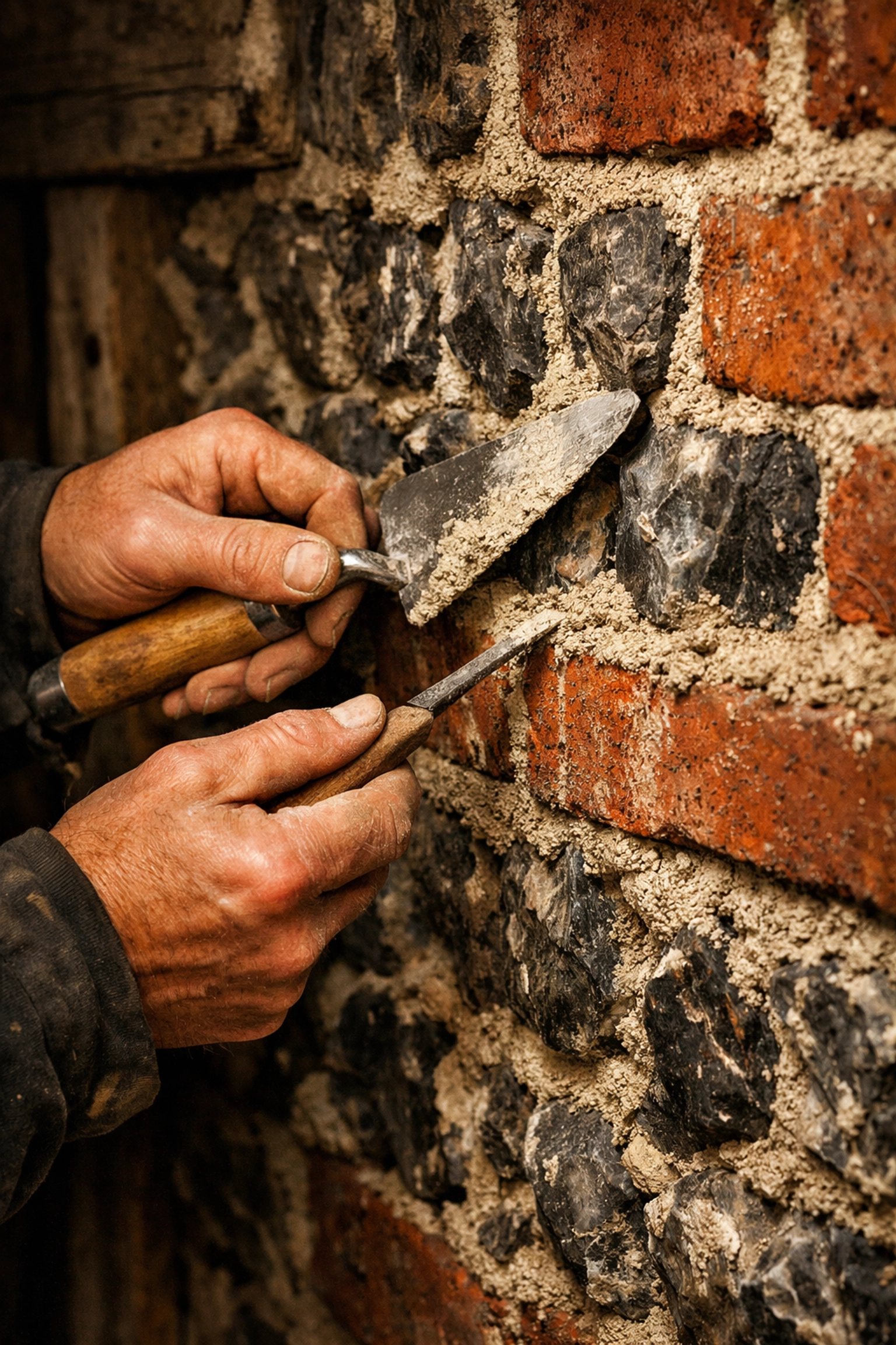 Expert masonry work applying lime mortar to a historic flint wall in a conservation area.