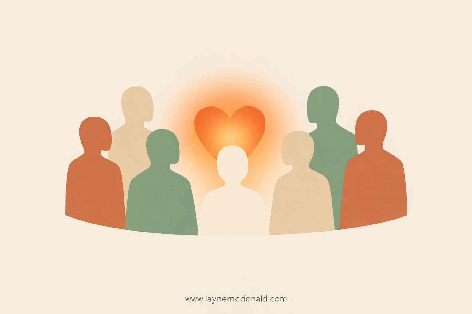 Diverse silhouettes gathered around a glowing heart light, symbolizing community and heart-focused leadership.