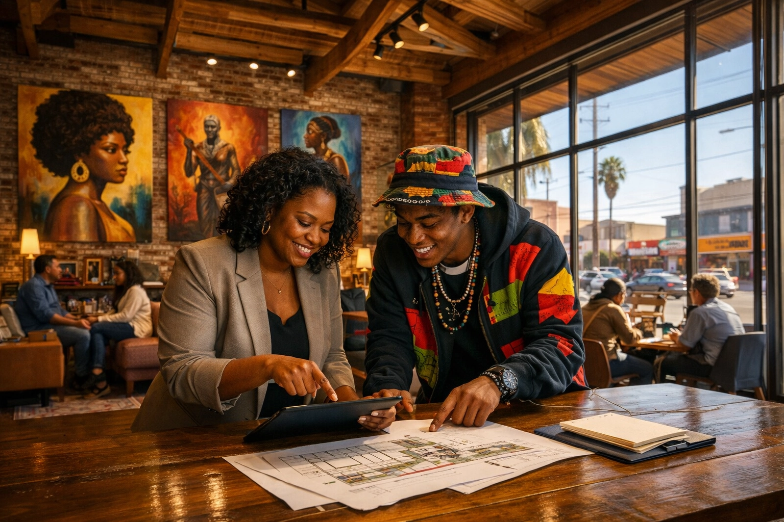 Modern interior of Sankofa Sanctuary in East Oakland where community members collaborate to build Black Excellence.