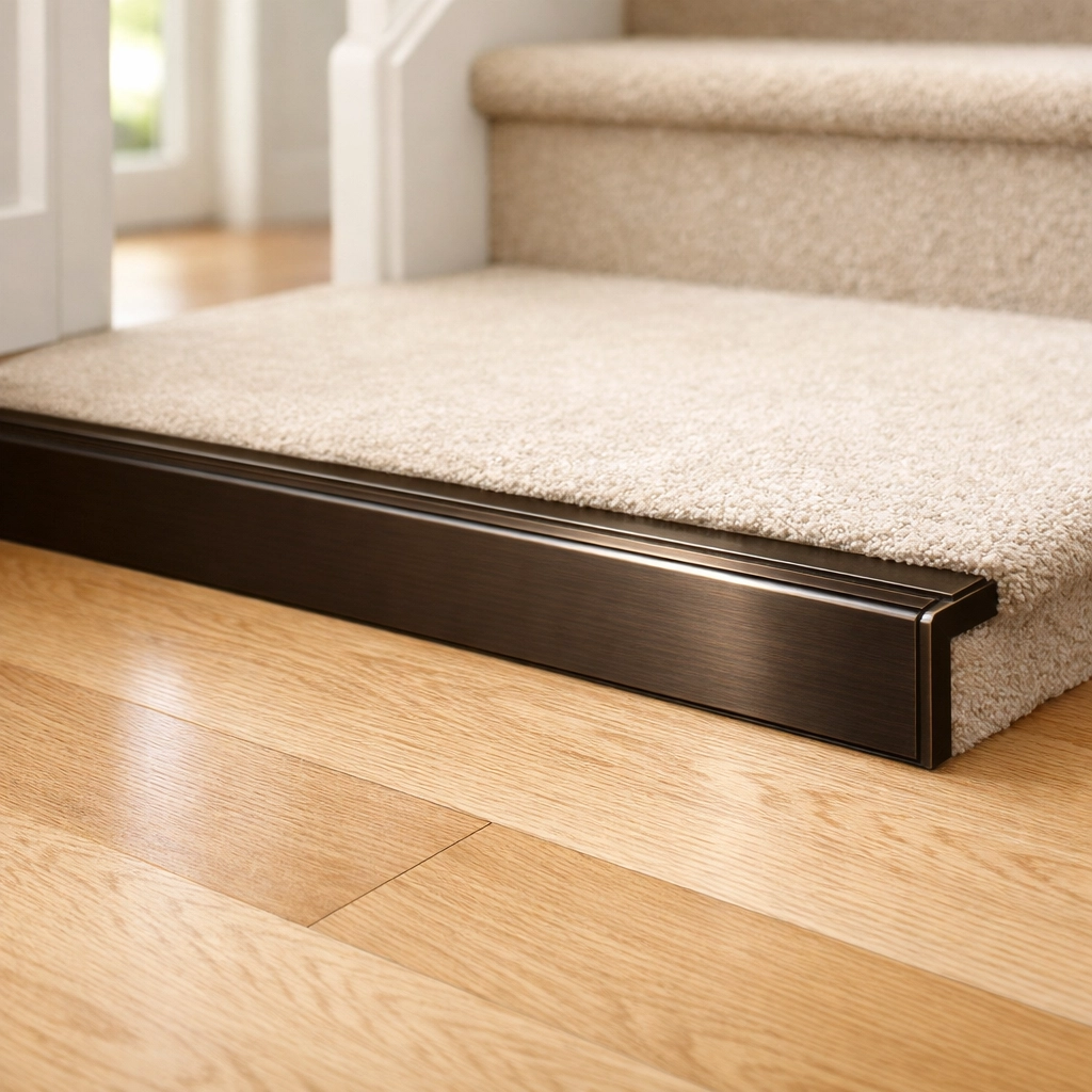 Contrasting metallic nosing on the bottom step to improve visibility and prevent stair falls.