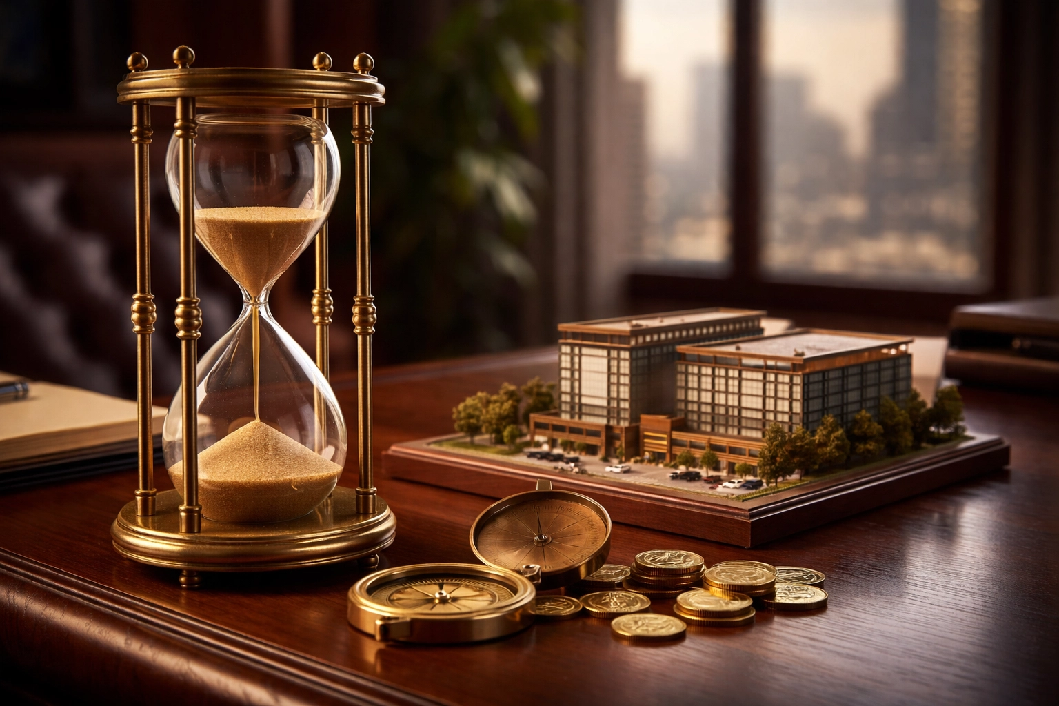 Desk scene with hourglass and architectural model symbolizing patience and strategic investment planning