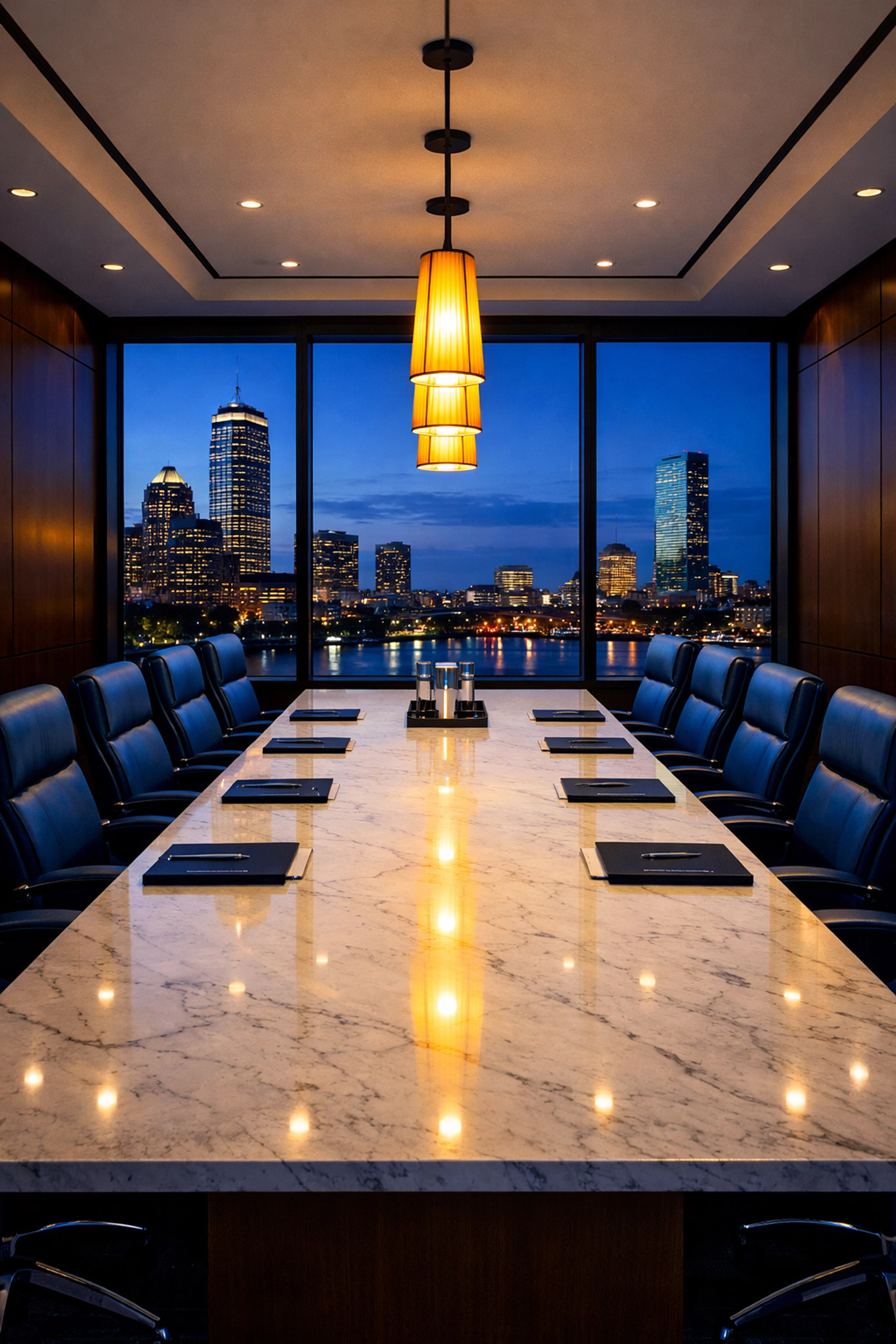 Impeccably clean corporate boardroom in Stoughton, MA, featuring a marble table and professional office cleaning.
