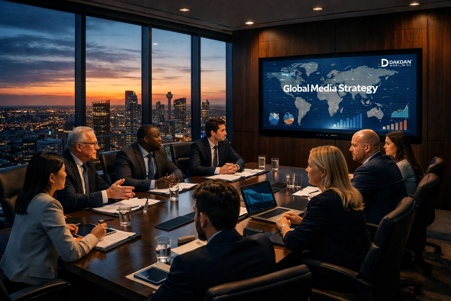 Dakdan Worldwide consultants collaborating on global brand expansion strategies in a modern executive boardroom.