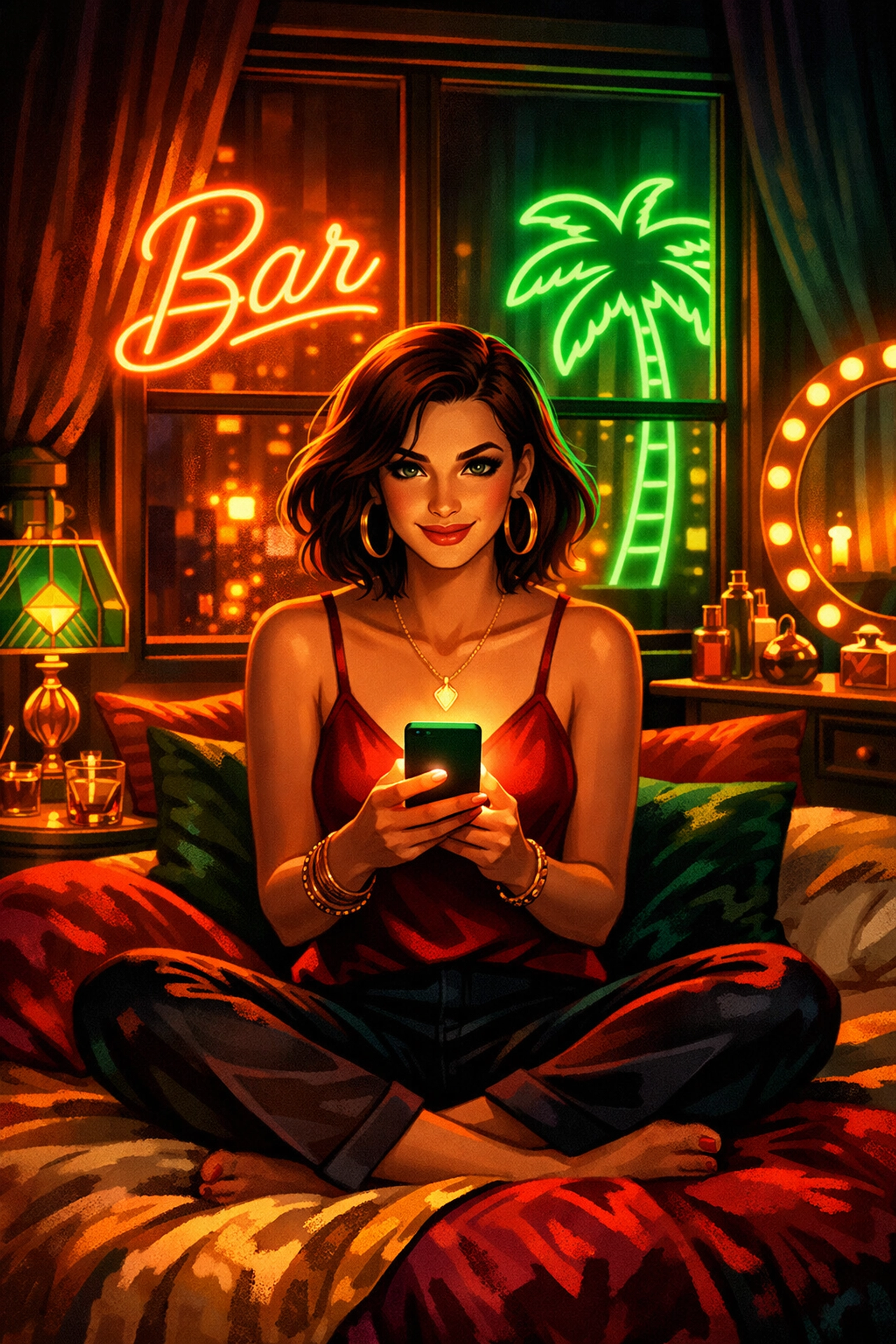 Person confidently using AI sex coach app on phone in bedroom at night