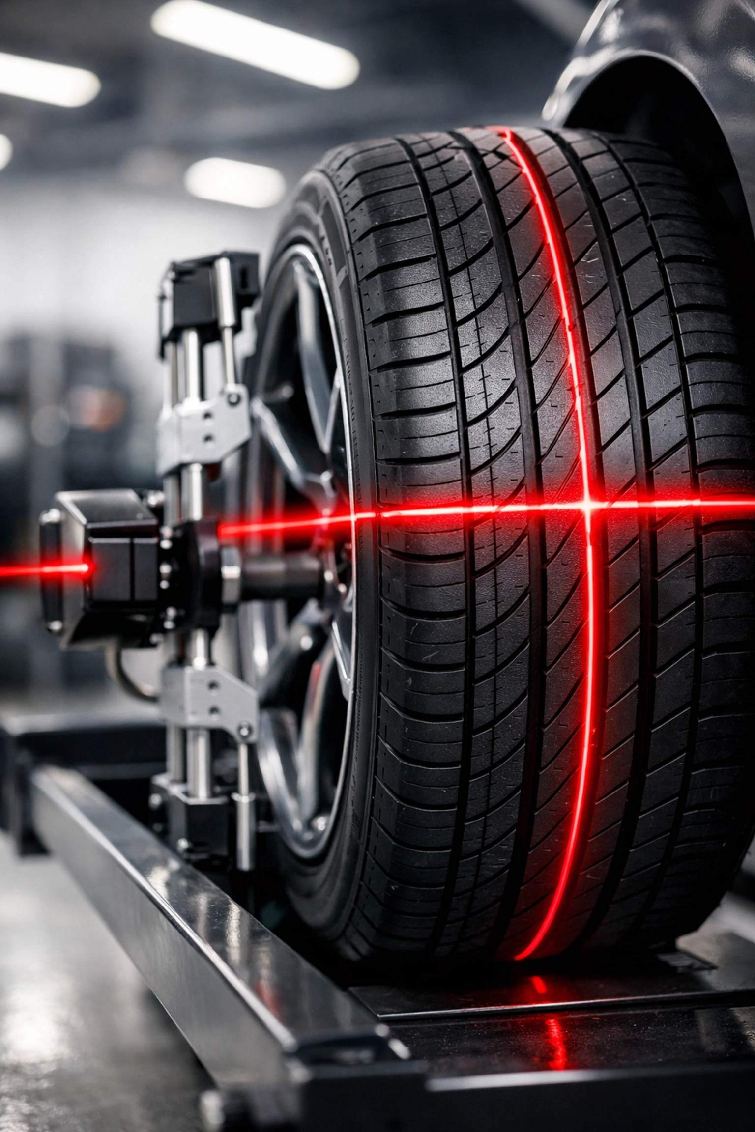 Laser wheel alignment tool measuring an electric vehicle tire for expert EV tire service in Duluth GA.
