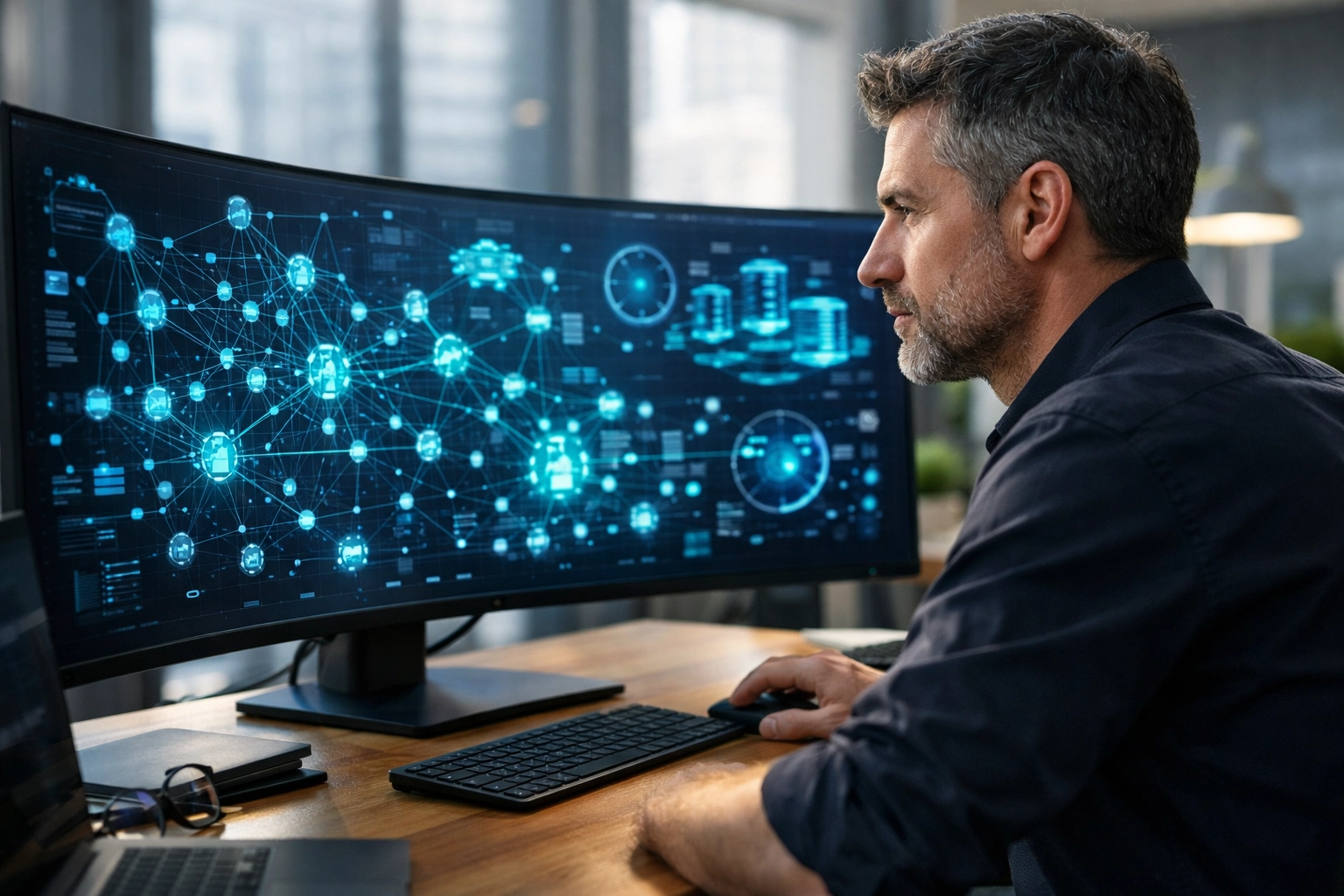 IT architect analyzing ServiceNow ITOM network topology maps to improve CMDB data quality in a modern office.