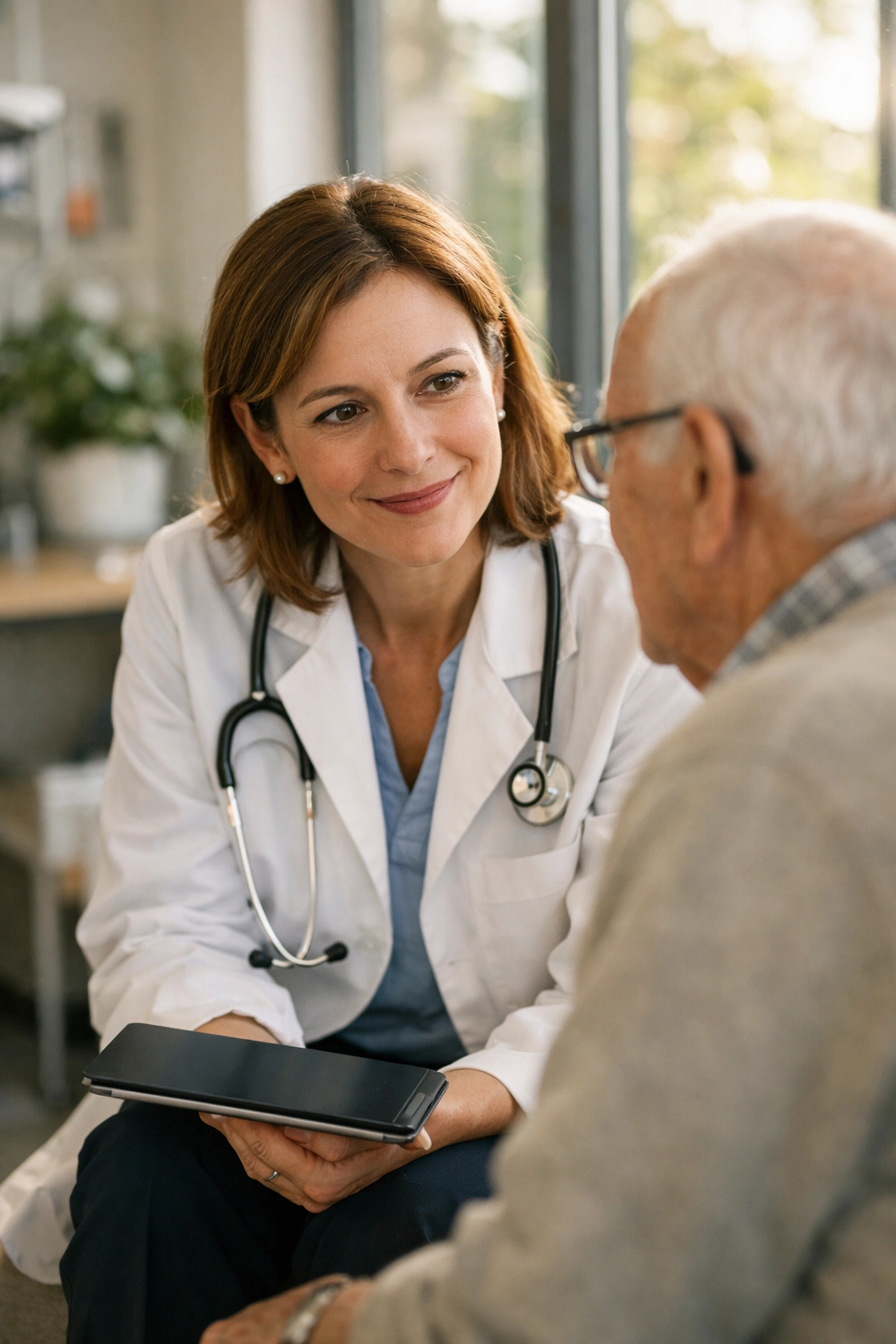 Empathetic doctor prioritizing patient interaction over a digital tablet in a modern healthcare setting.