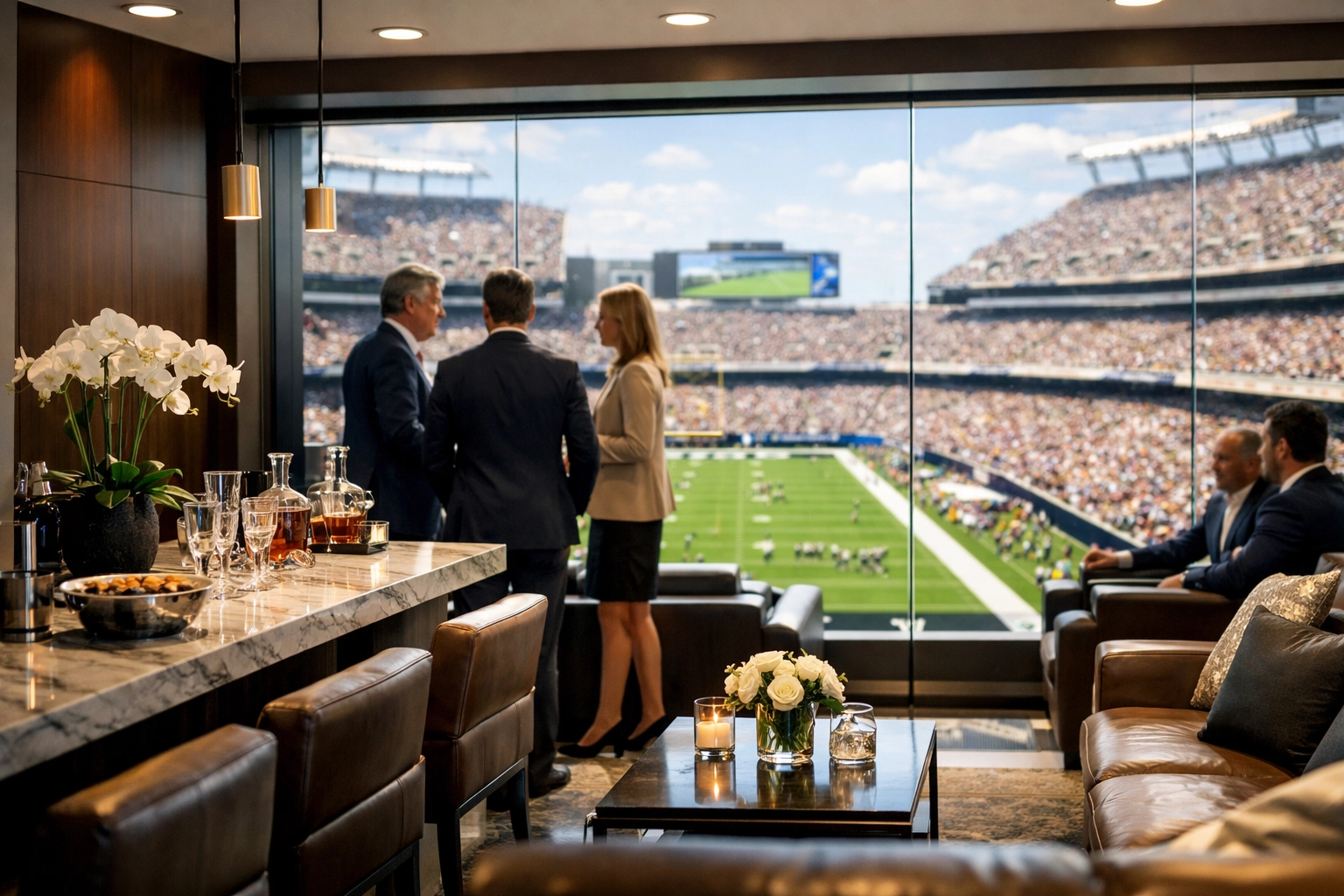 Executives networking in a luxury Super Bowl stadium suite overlooking the football field.