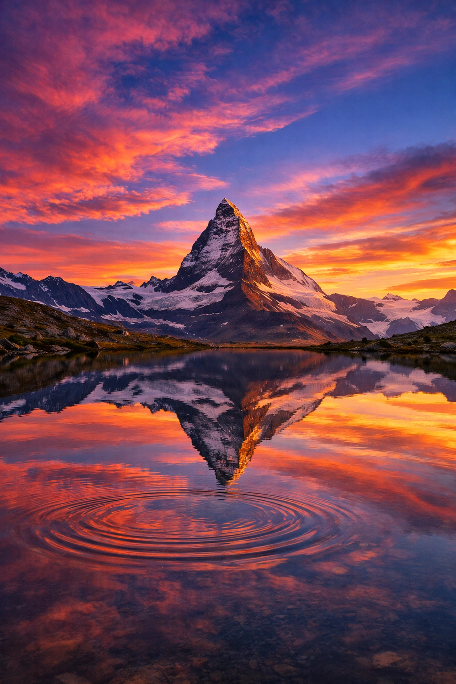 A sunset sky reflected in a calm alpine lake, demonstrating Luminar Neo's realistic water reflections.