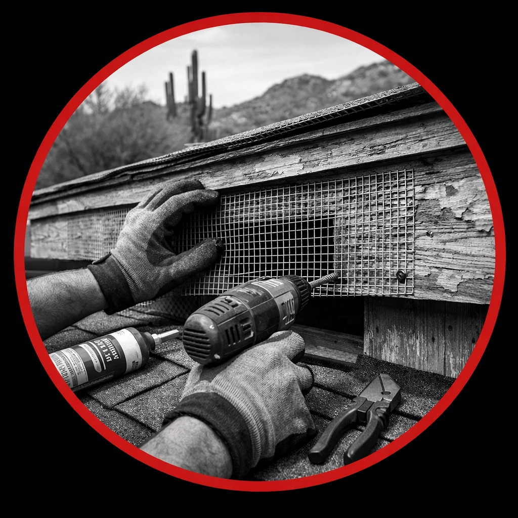 Professional technician installing steel screening for bat exclusion on Arizona roofline