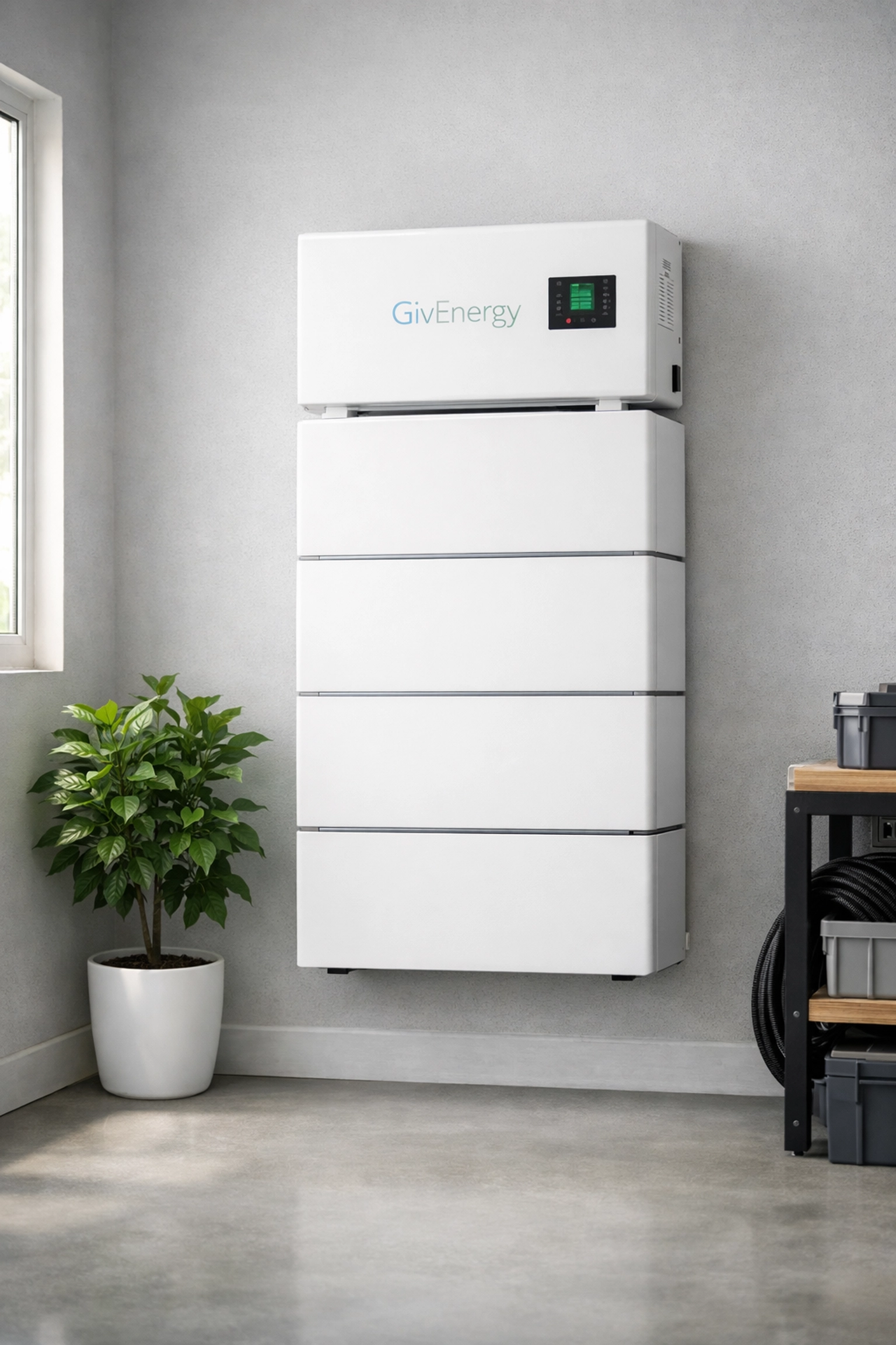 Sleek GivEnergy smart battery storage system installed in a clean, modern home utility room.