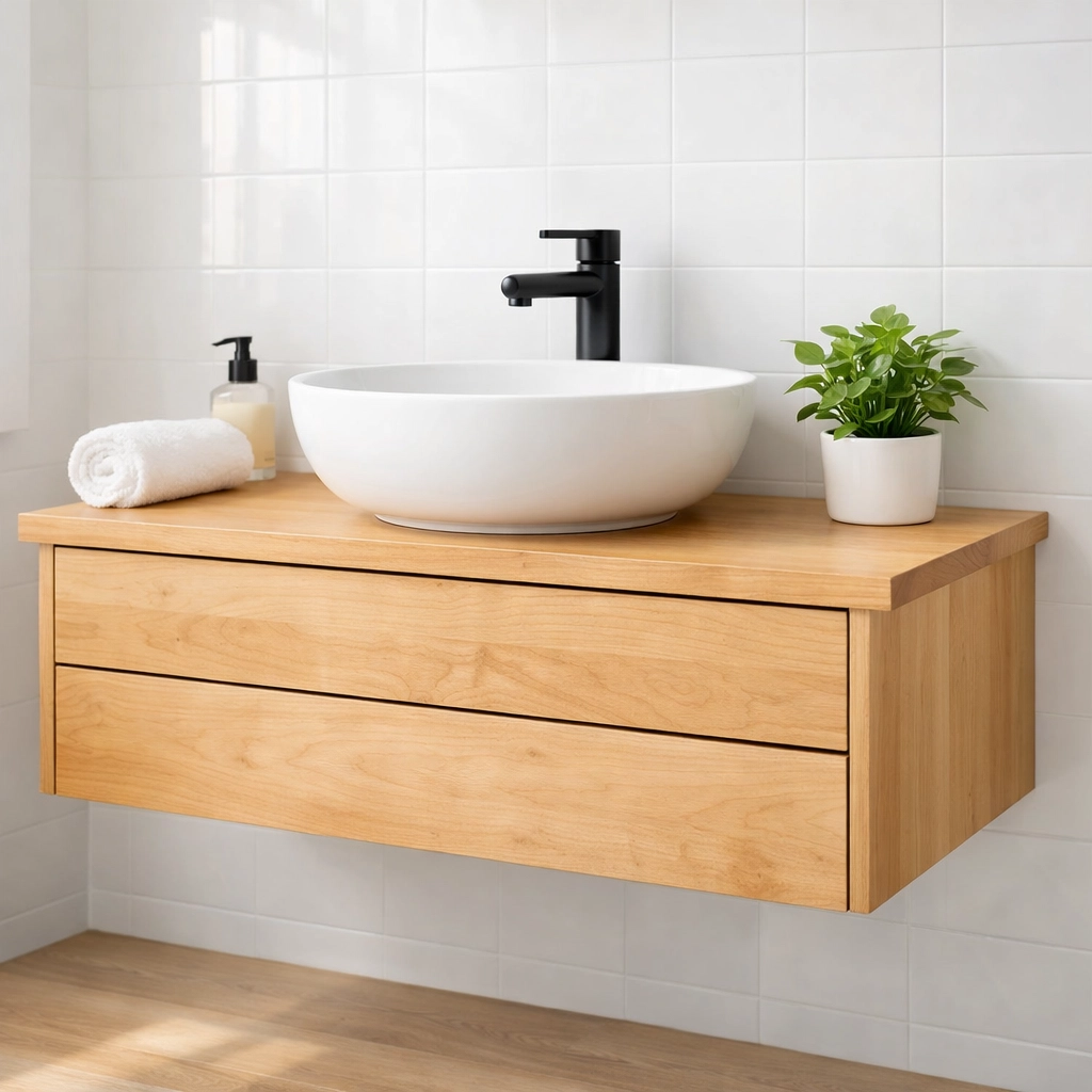 Modern floating bathroom vanity made from light maple wood with a white vessel sink.