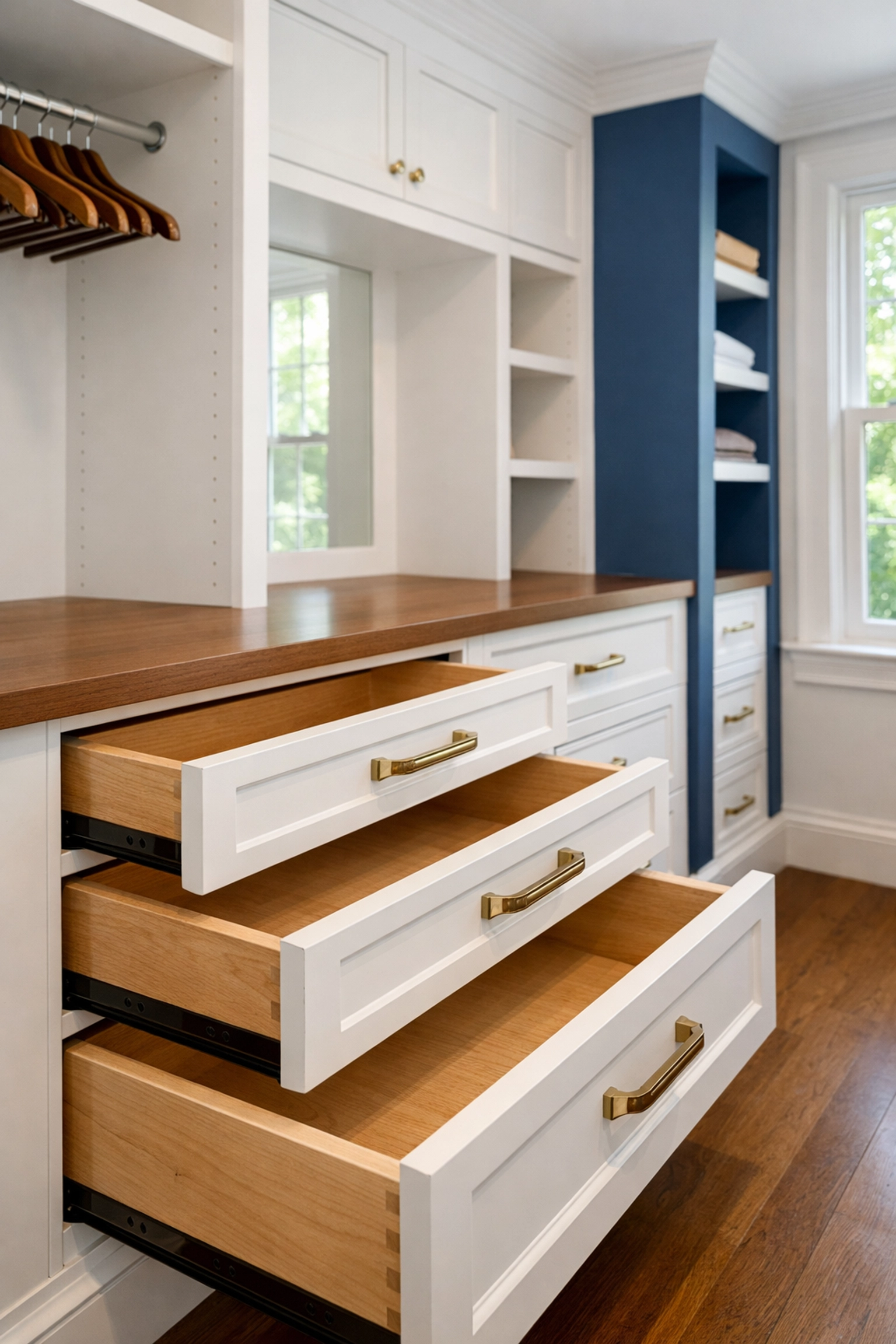 Spotless cabinets and drawers after post construction cleaning in a luxury Massachusetts home.