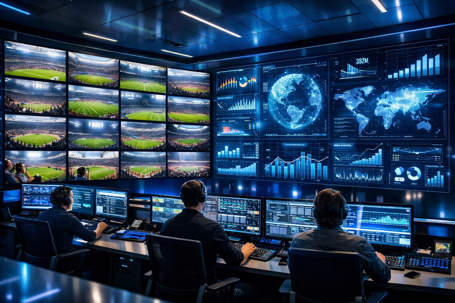 Modern media operations center managing programmatic DOOH campaigns for real-time stadium advertising.