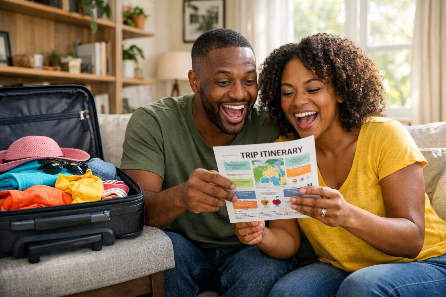 Couple reviewing a vacation itinerary provided by a professional travel planning service.