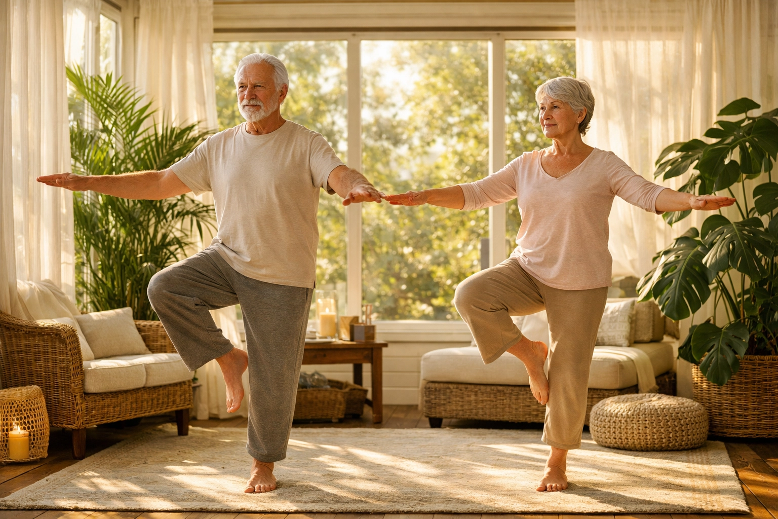 Senior couple practicing mindful Tai Chi balance movements in a bright sunroom.