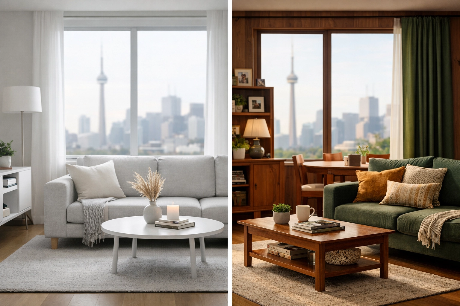 Side-by-side comparison of renting apartment versus owning home in Toronto Ontario market