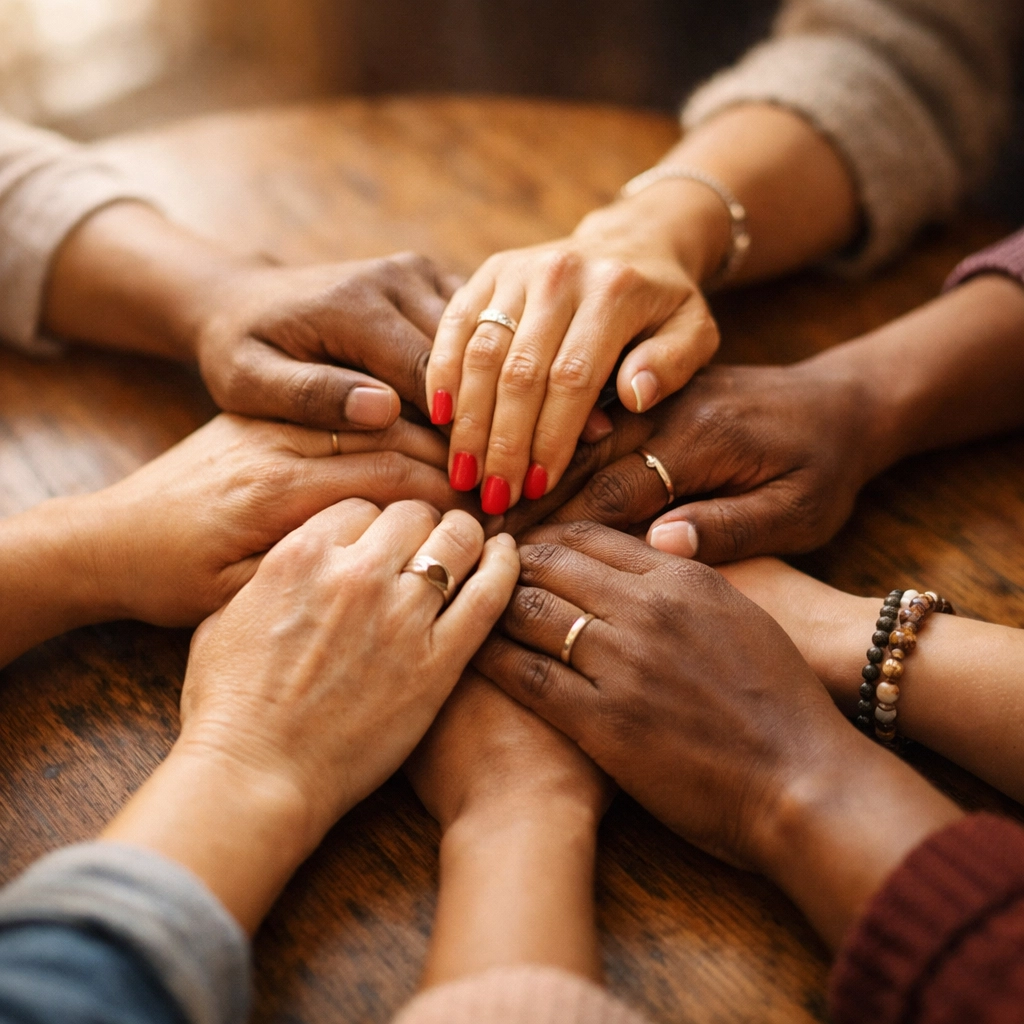Diverse hands joined together showing crossdresser and trans community support and unity