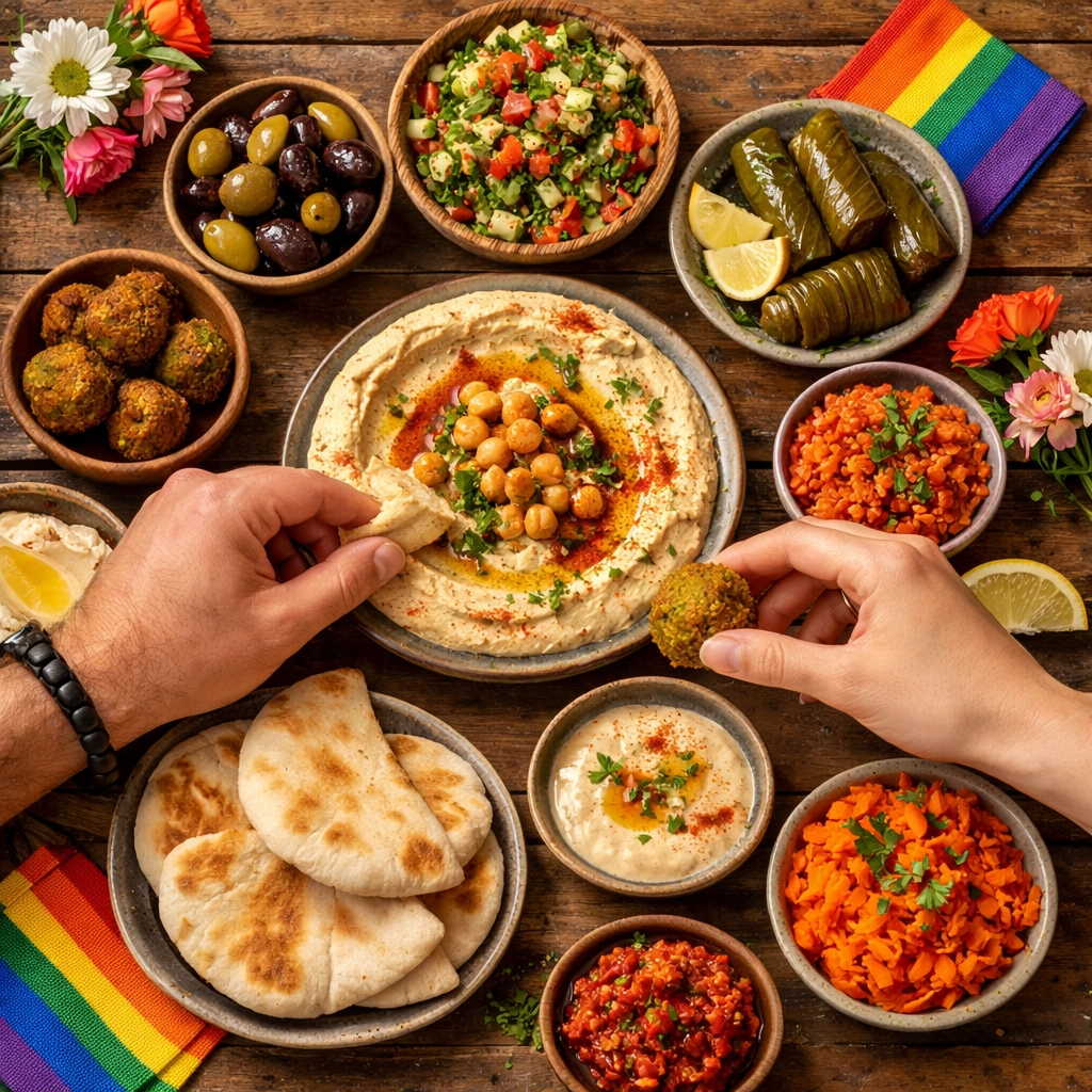 Traditional Israeli mezze spread with couple sharing hummus and pita for wedding celebration