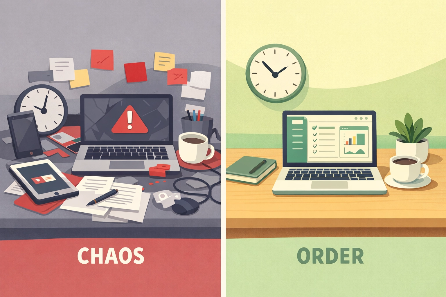 Before and after comparison: chaotic multi-tool workspace versus organized single platform