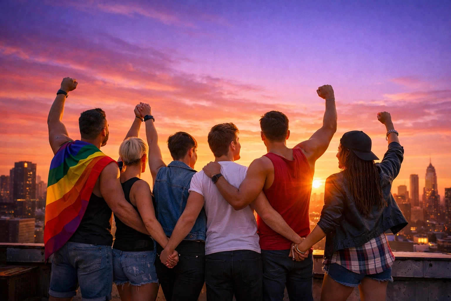 A diverse group of LGBTQ+ authors and creators celebrating their community on a city rooftop at sunset.