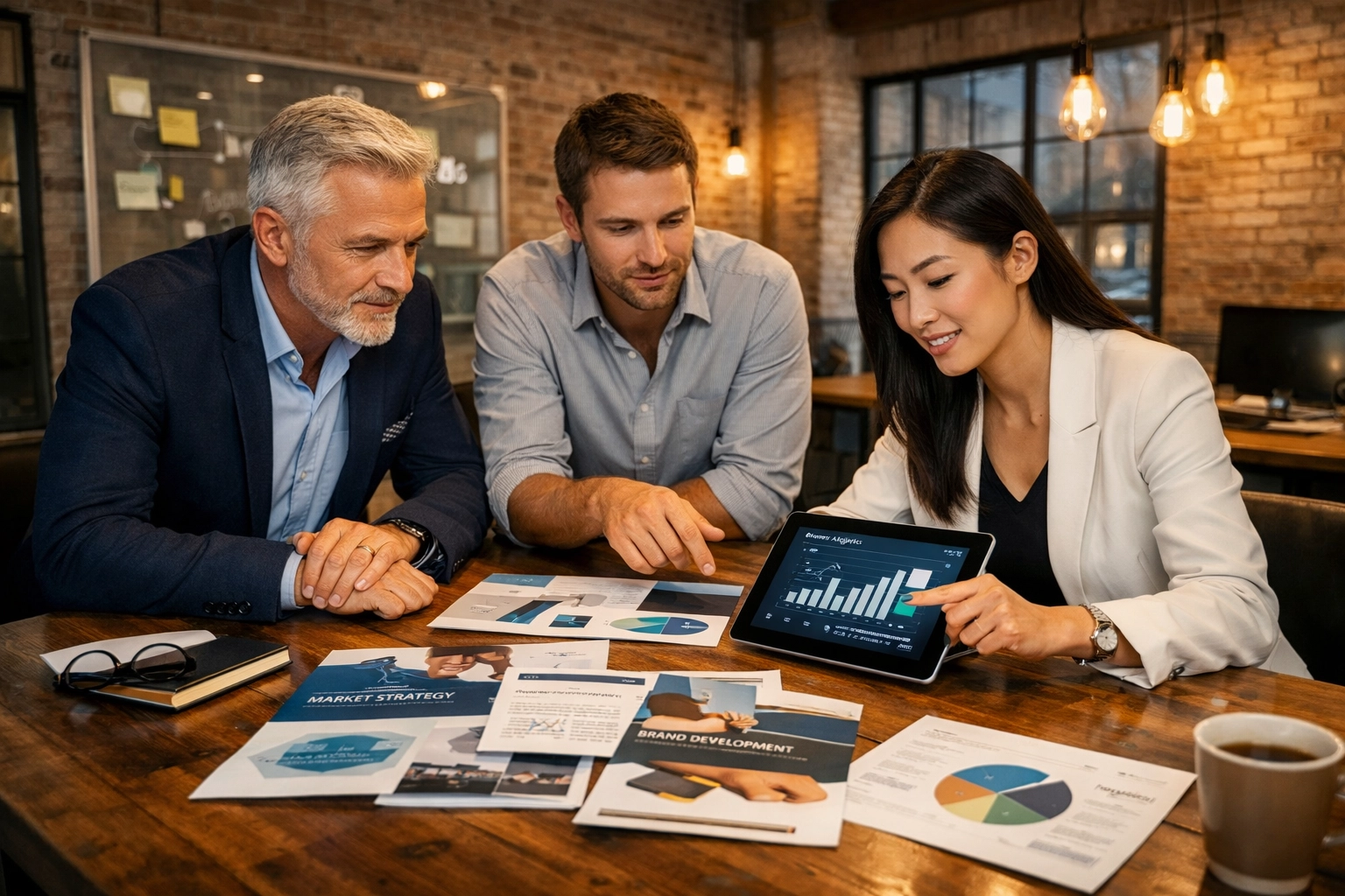 Strategic consulting team analyzing marketing data to vet potential brand partners for a successful collaboration.