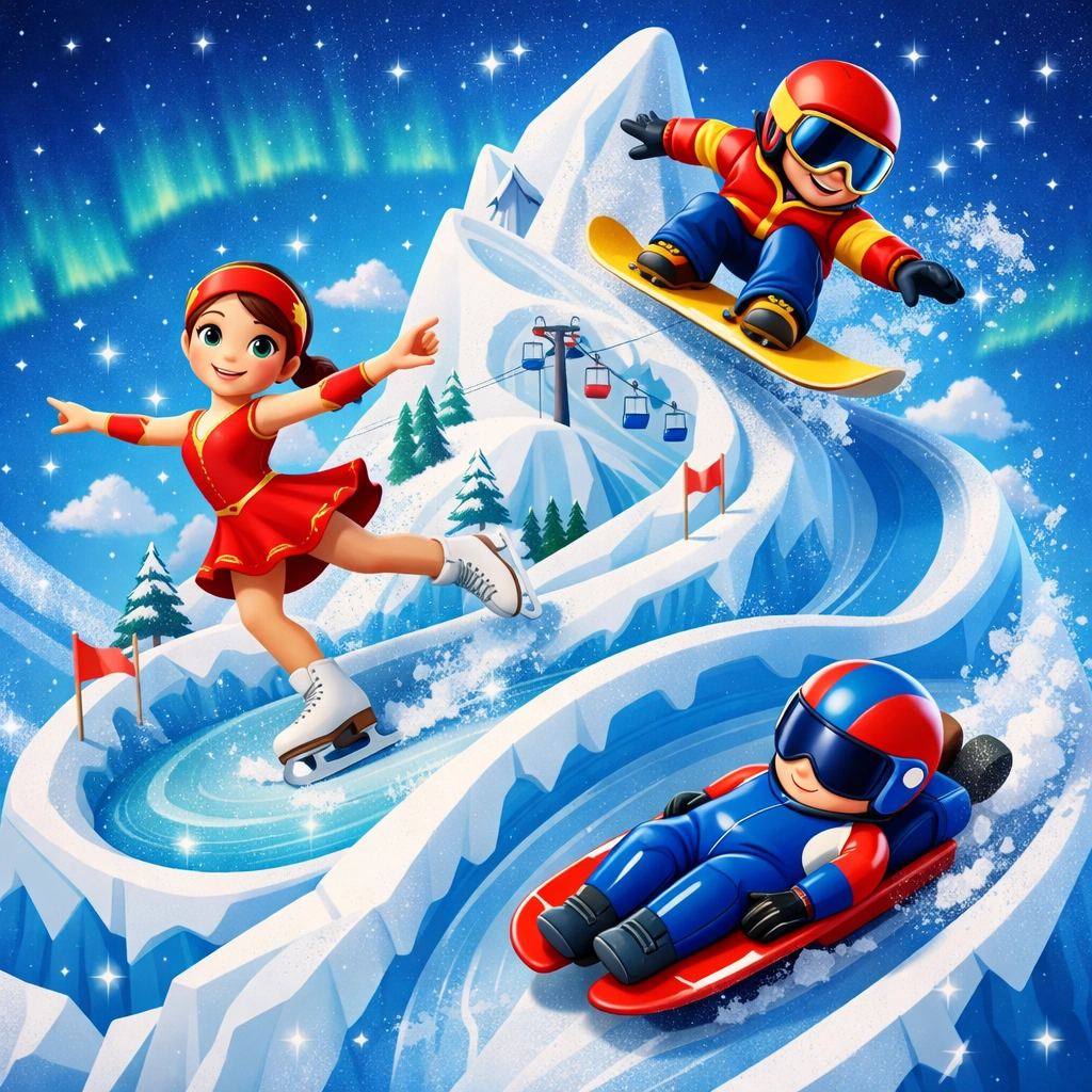 Whimsical illustration of winter sports like skating and snowboarding on a snowy mountain peak.