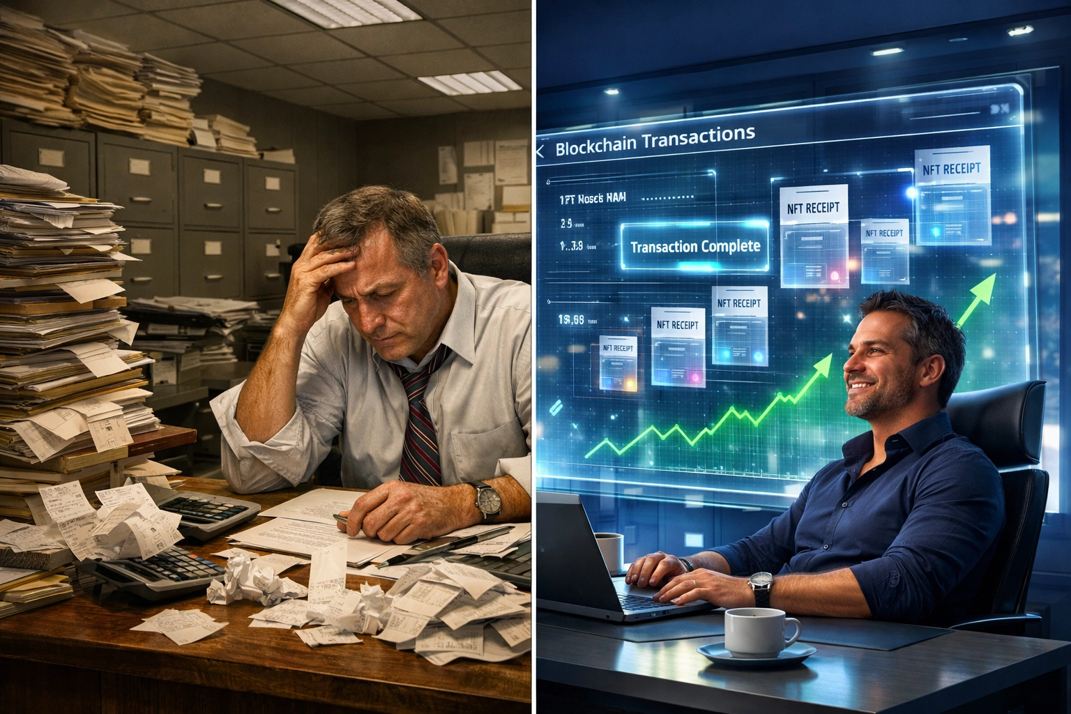 Comparison of traditional payment processing paperwork versus Larecoin's digital blockchain transaction system