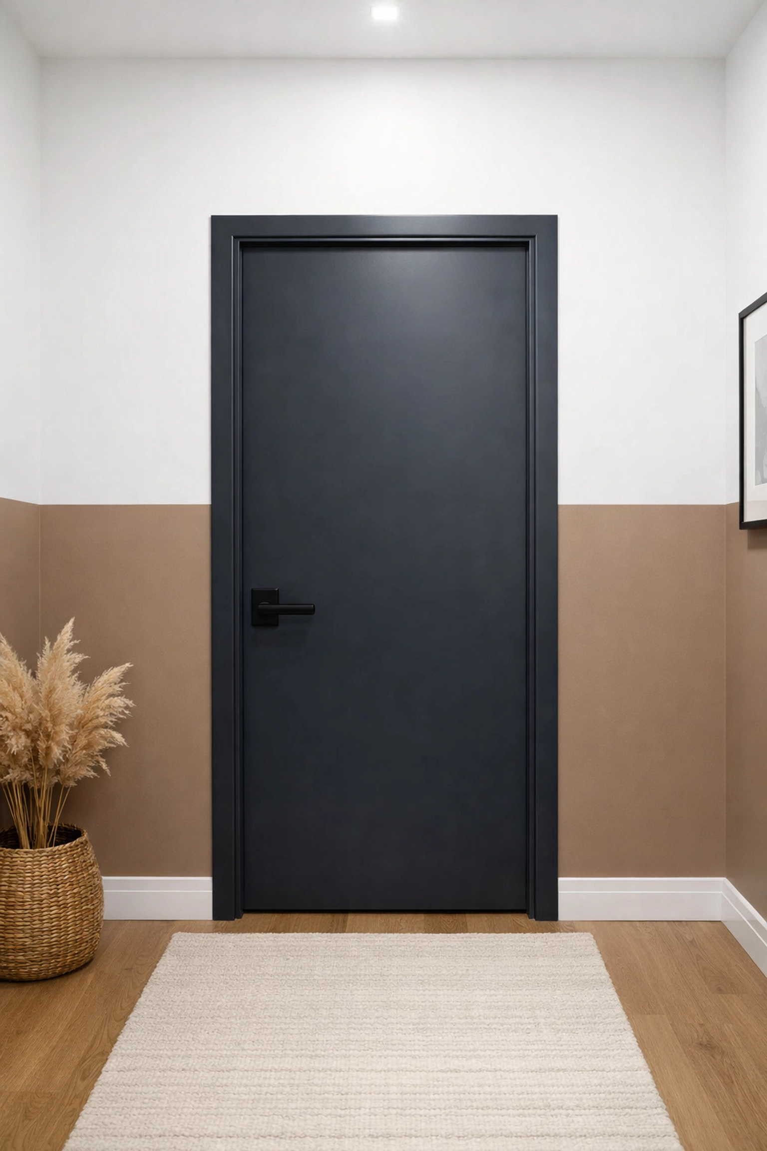 Two-tone hallway showing 2026 colour capping trends with charcoal painted woodwork.