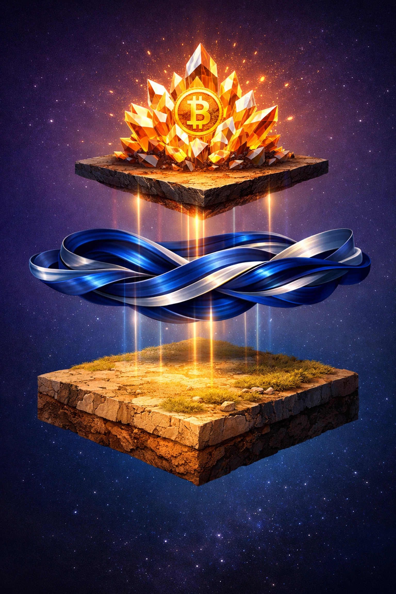 Layered portfolio integration showing Bitcoin, real estate, and hedge fund strategy alignment