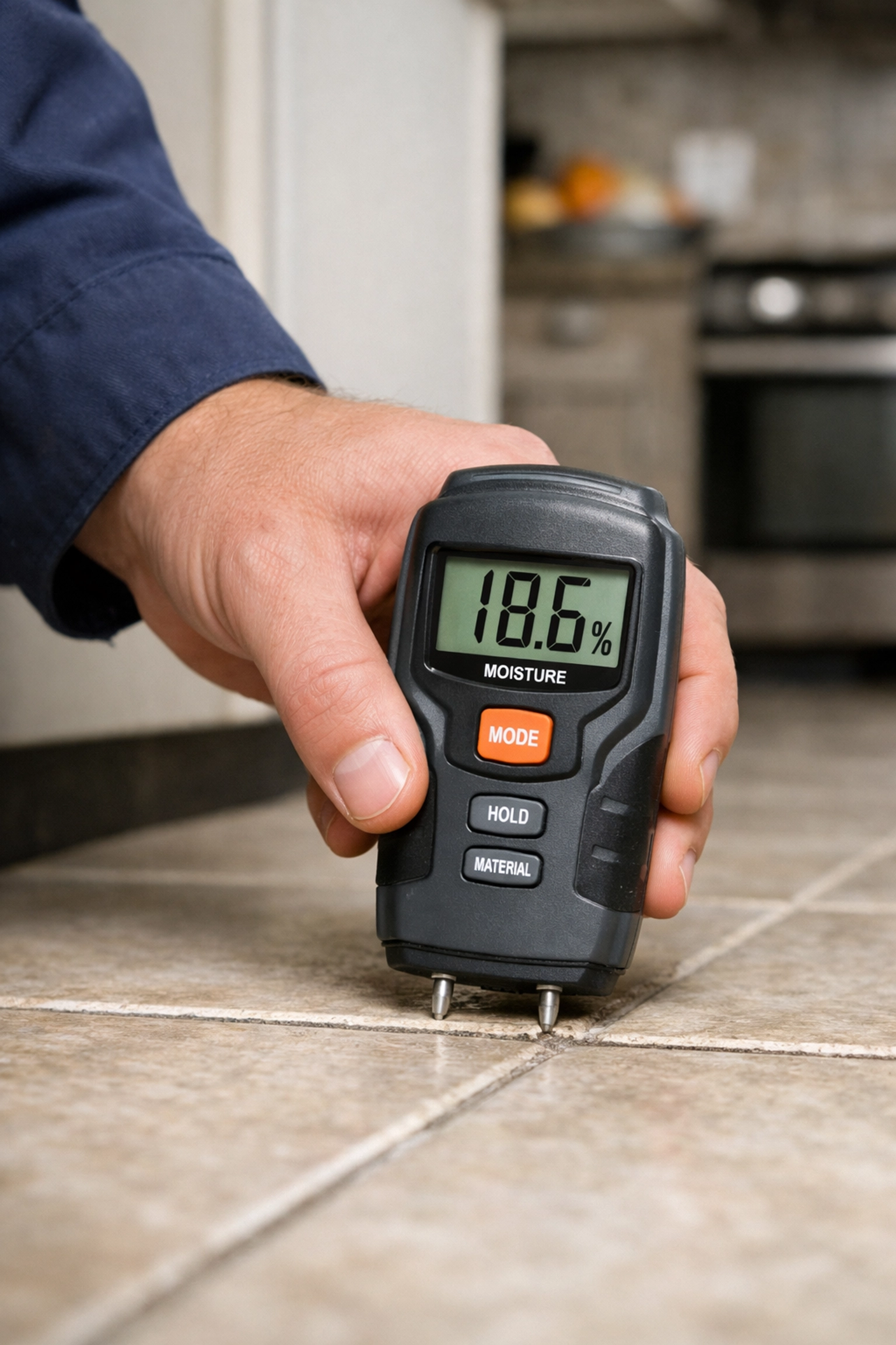 A professional using a moisture meter to inspect a kitchen floor for hidden water damage and slab leaks.
