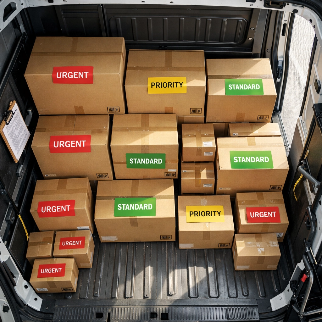 Organized delivery van interior showing color-coded packages arranged by priority level