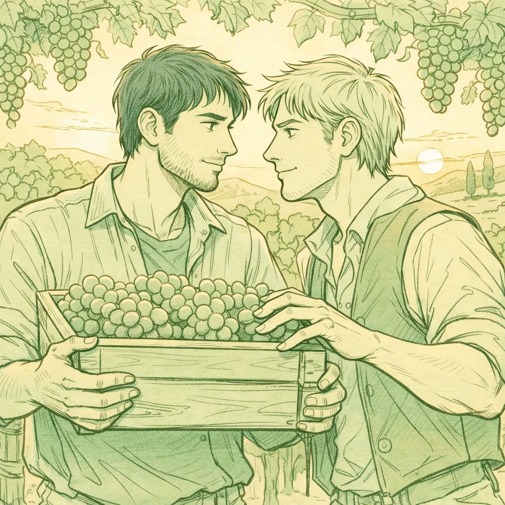 Gay romance harvest scene with winemakers sharing intimate moment in New Zealand vineyard