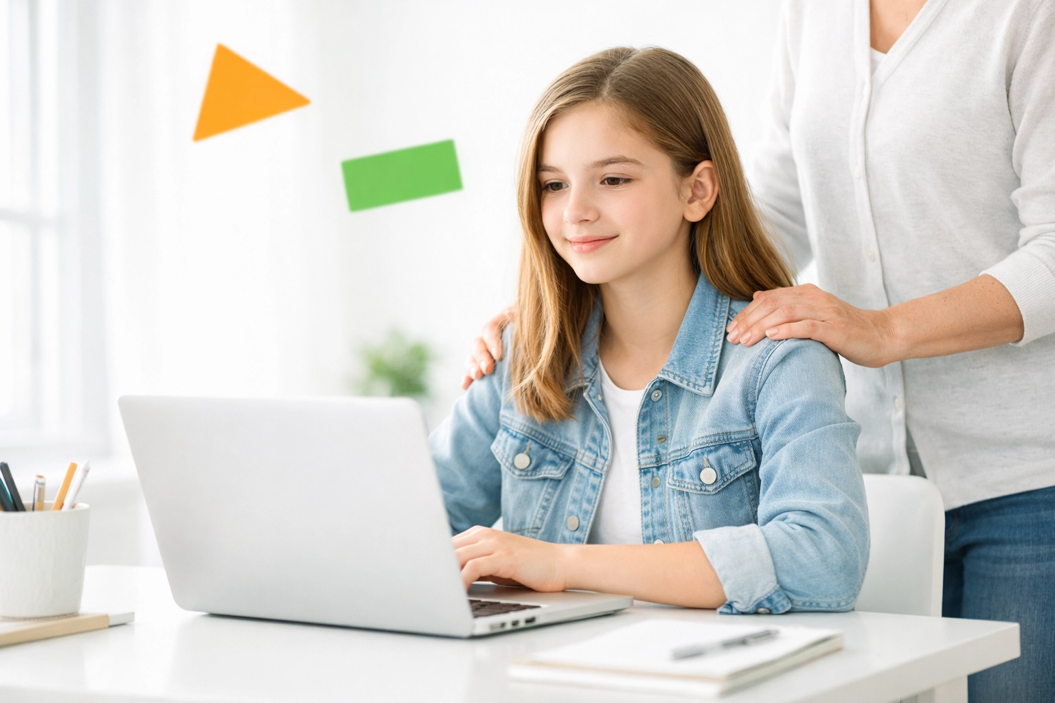 Parent guiding teenager on digital safety and online etiquette at home computer