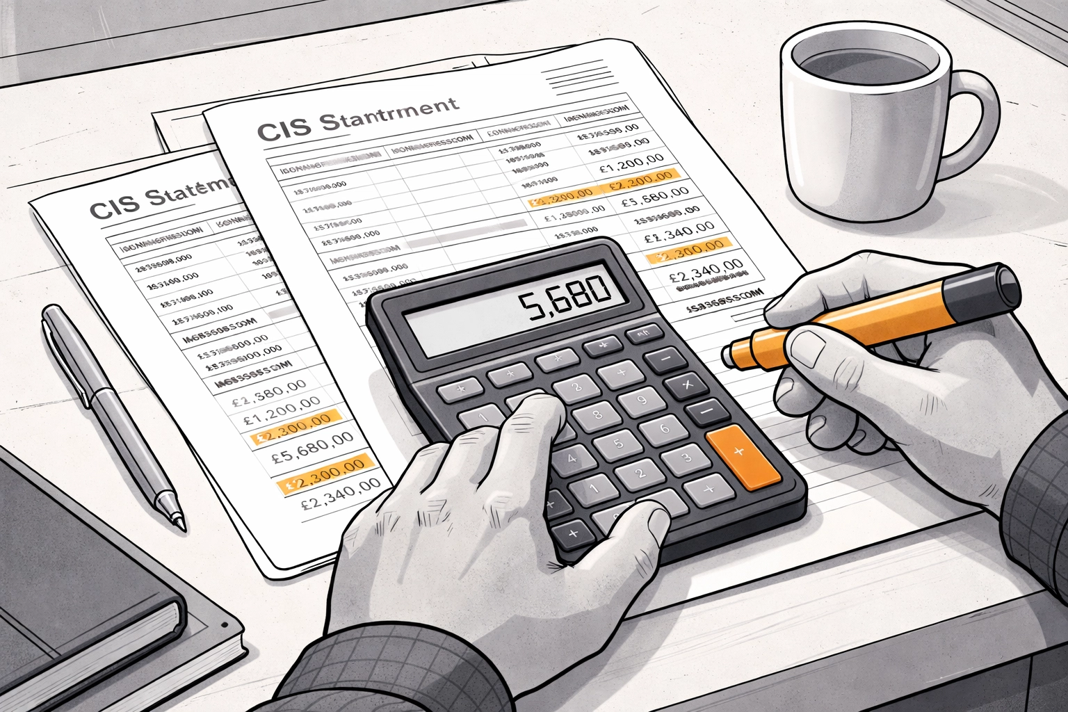 Subcontractor calculating total CIS deductions using statements, calculator, and expense records