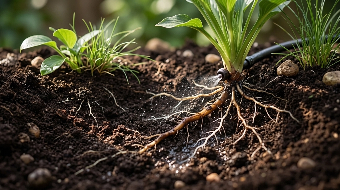 Close-up of healthy soil and roots benefiting from precision irrigation