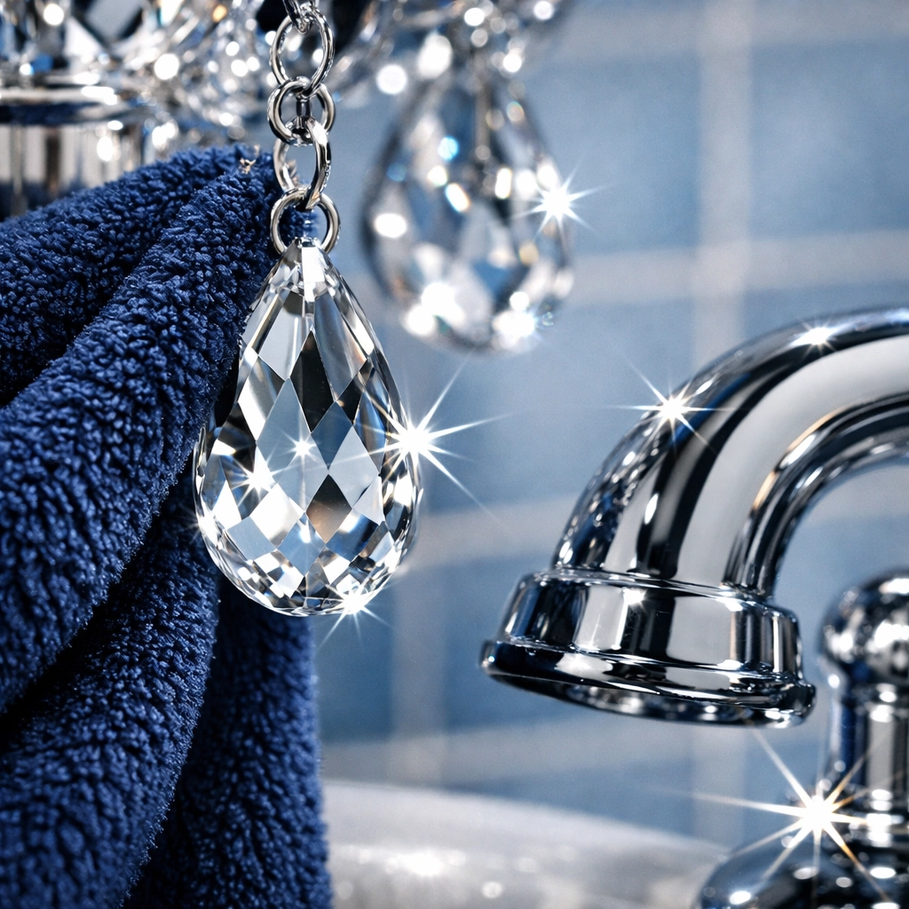 Detailed shot of a sparkling clean crystal fixture, showcasing the precision of Winchester luxury cleaning.