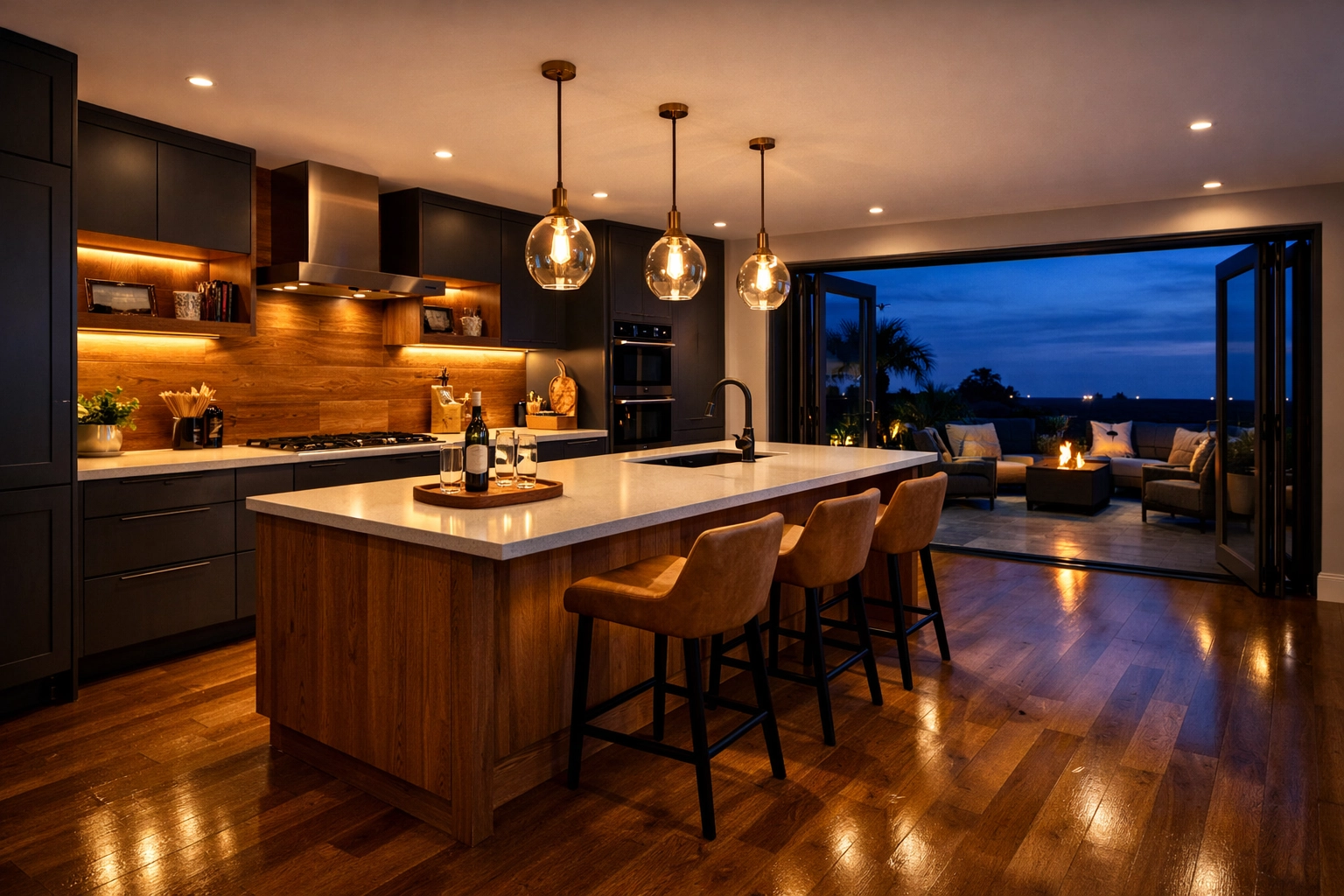 Completed modern open-plan kitchen in Bognor Regis with charcoal cabinetry and warm lighting.