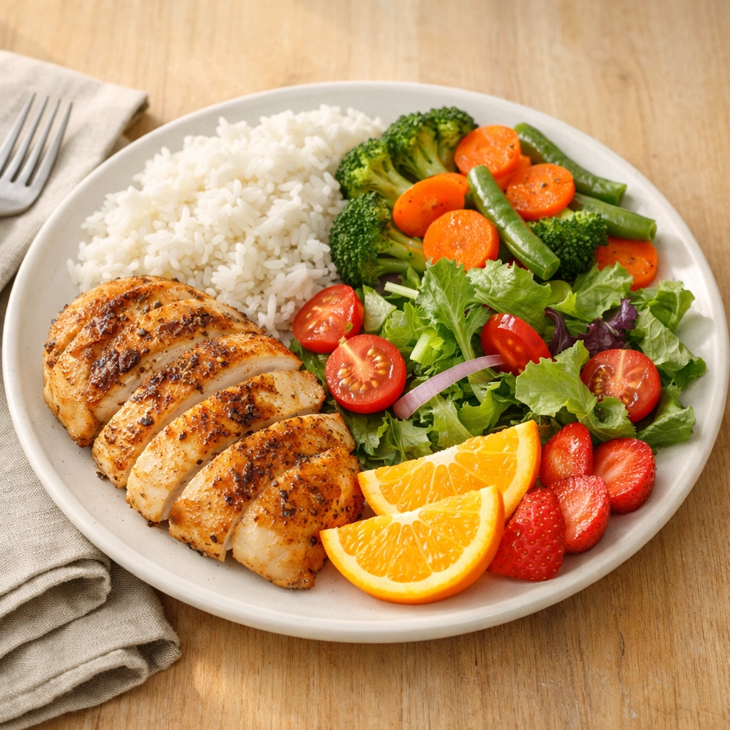 Complete $6 meal with chicken, rice, vegetables, salad and fruit on white plate