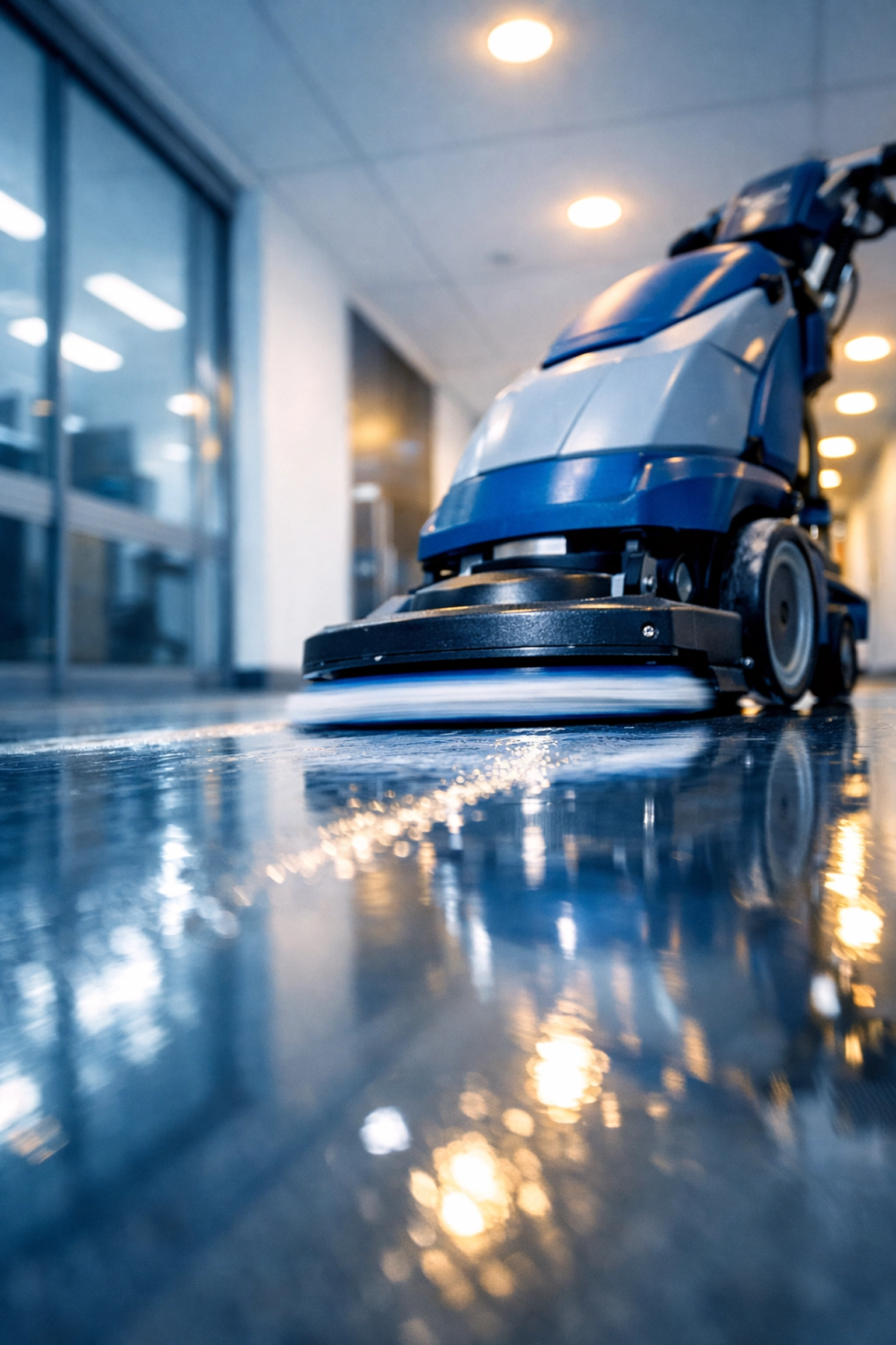 Commercial cleaning equipment delivering high-gloss shine in a modern North Reading office hallway.