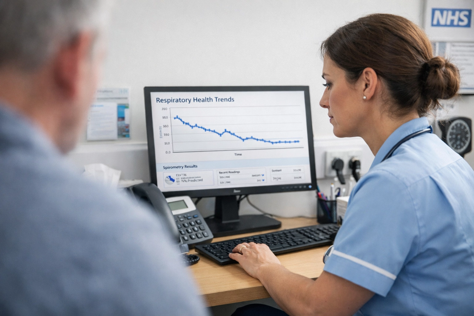 NHS clinician reviewing patient data to optimize respiratory services during a clinical consultation.