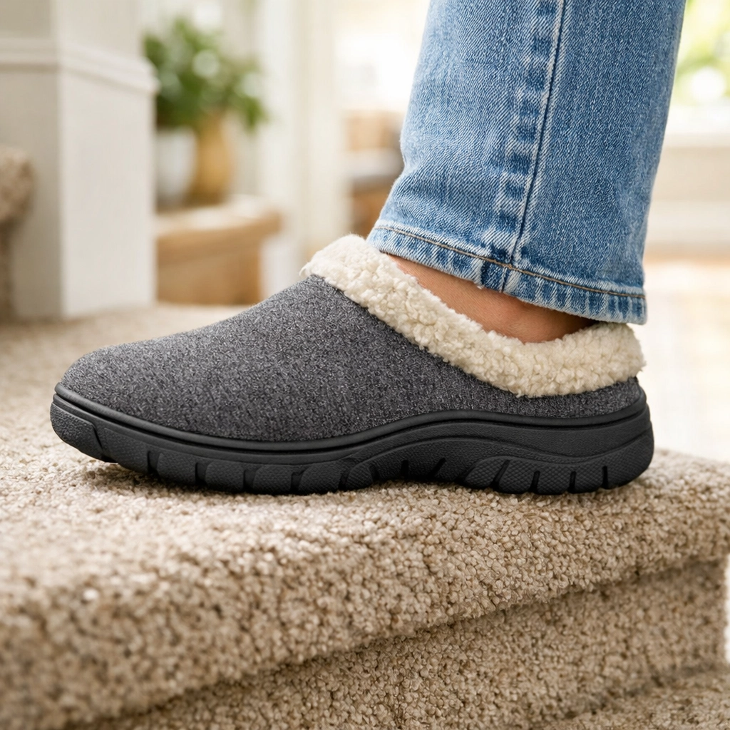 A person wearing supportive, non-slip house shoes while stepping confidently on a carpeted staircase.