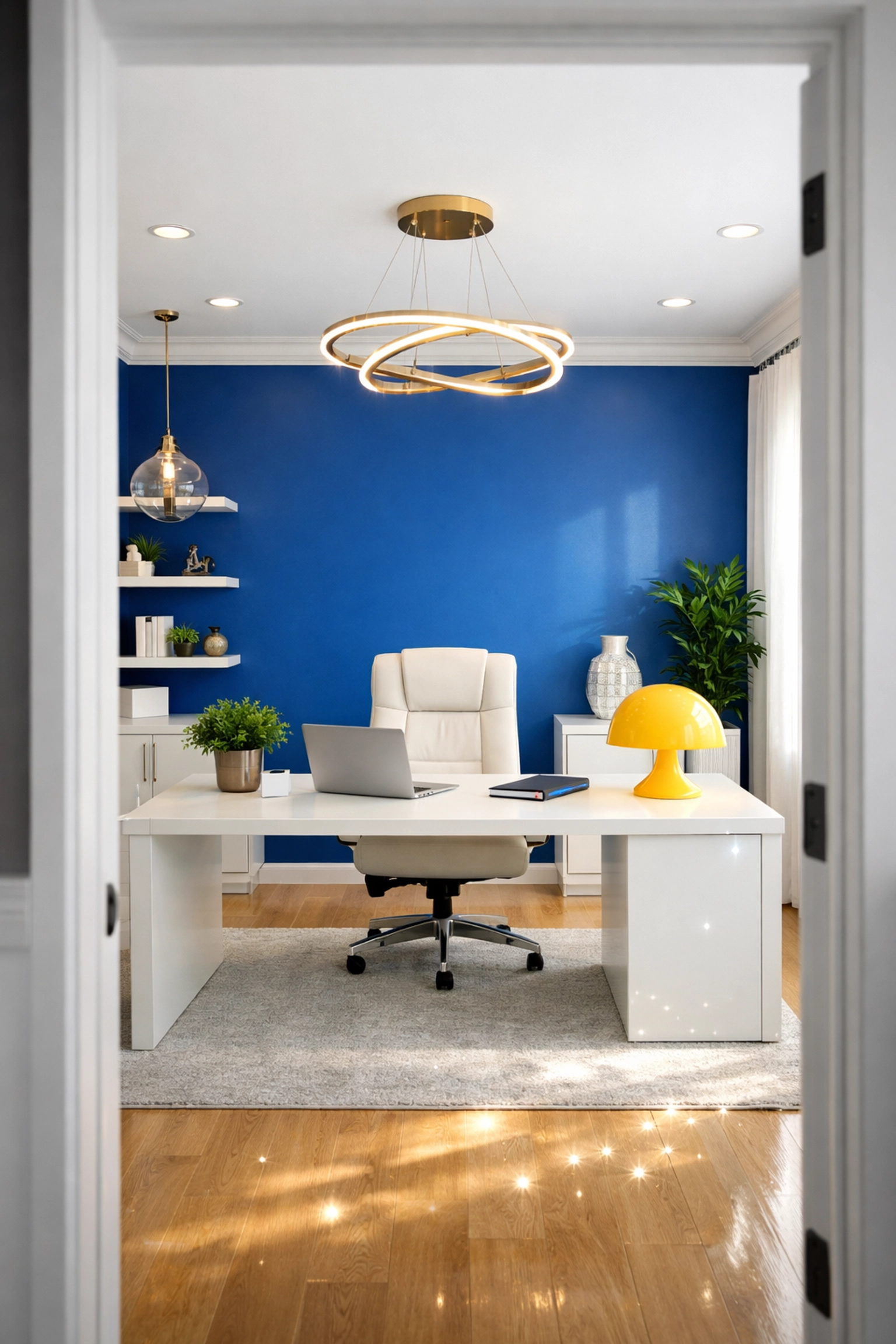 Sanitized modern executive study in Concord with a fresh, professional deep clean and blue accent wall.